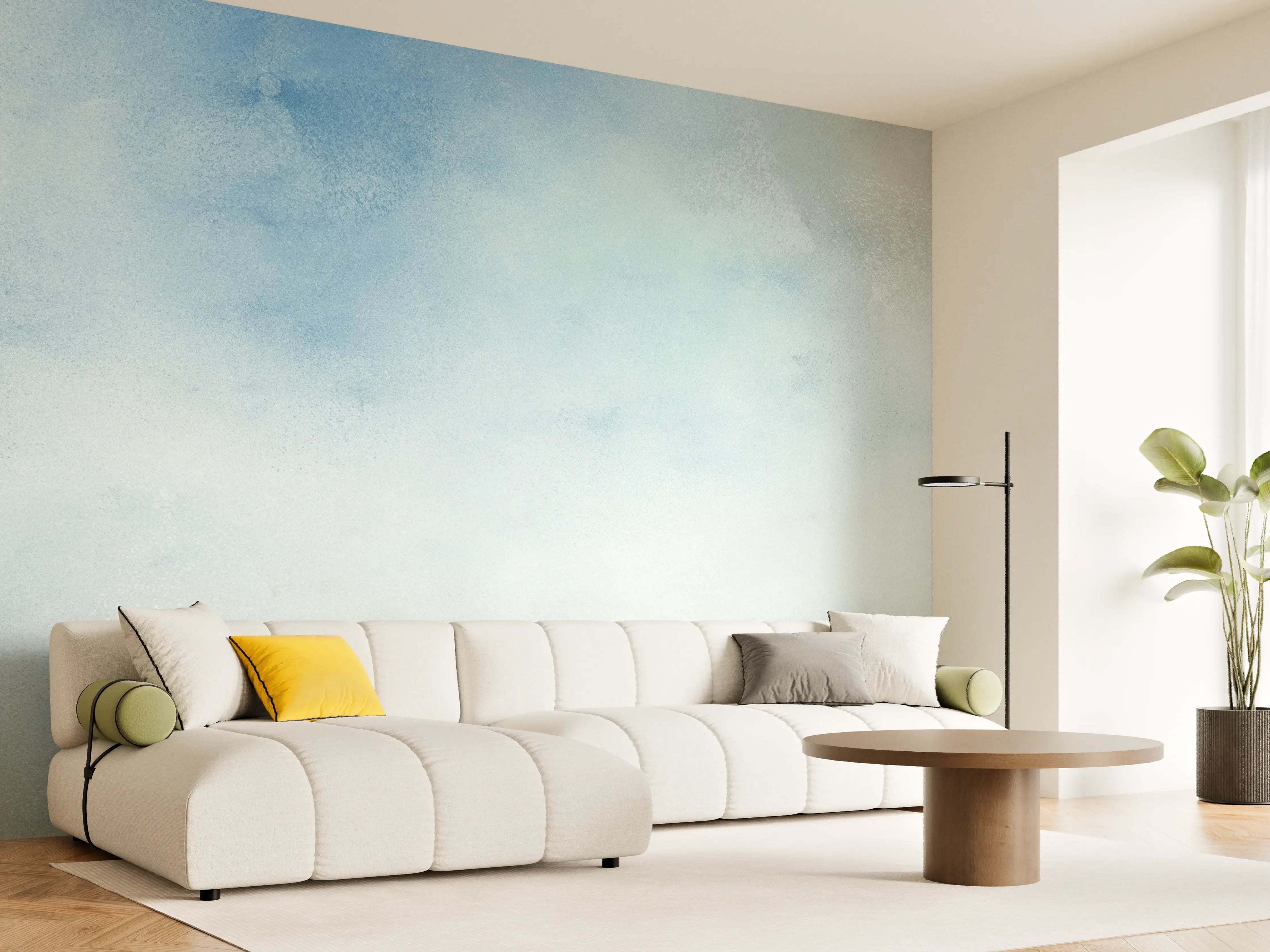 Wandverkleidung Wohnzimmer - Himmel in sanften Blau- und Beigetönen