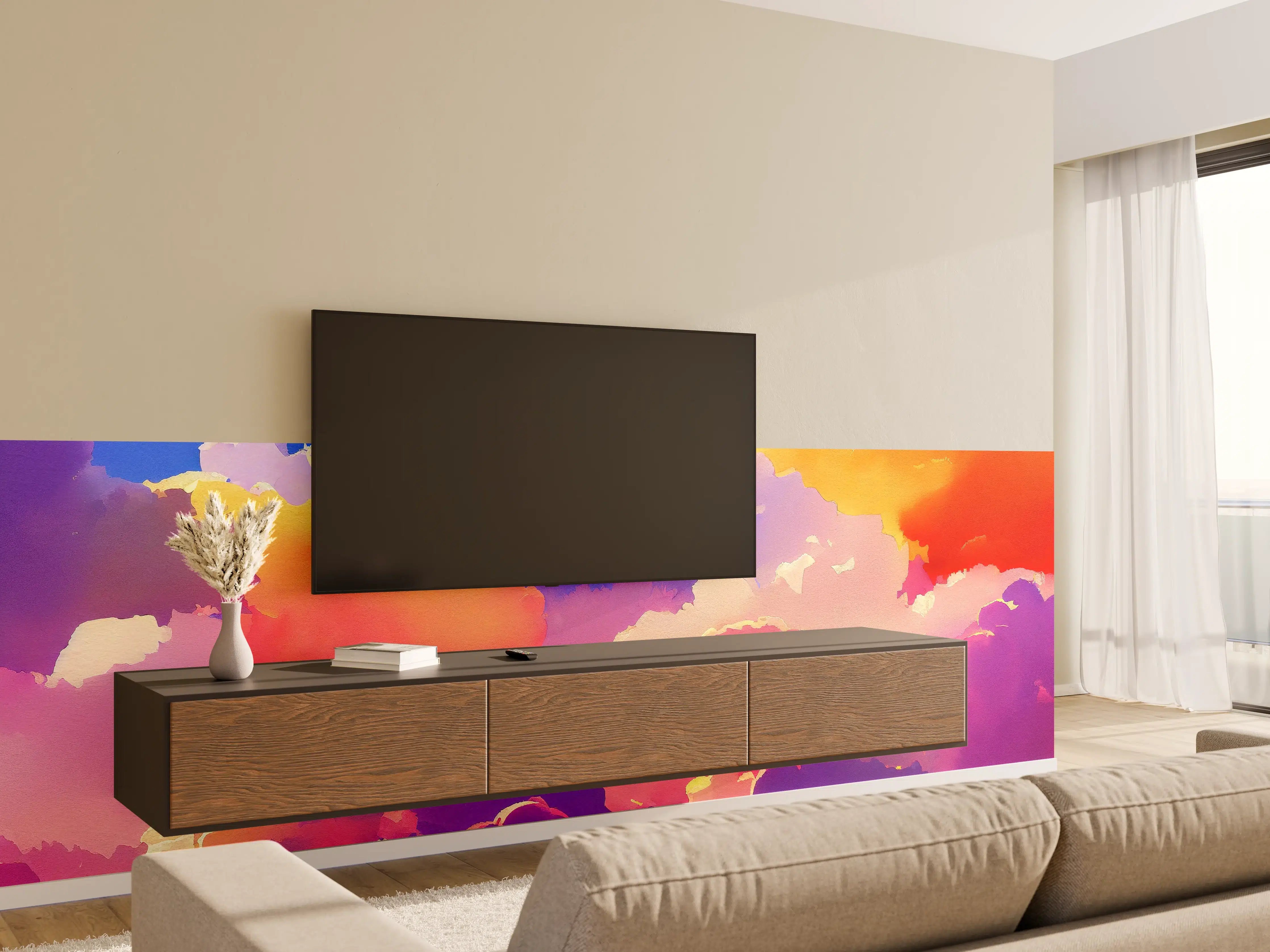 Wandverkleidung Wohnzimmer - Himmel mit Wolken. Aquarell Illustration von farbigen Wolken.