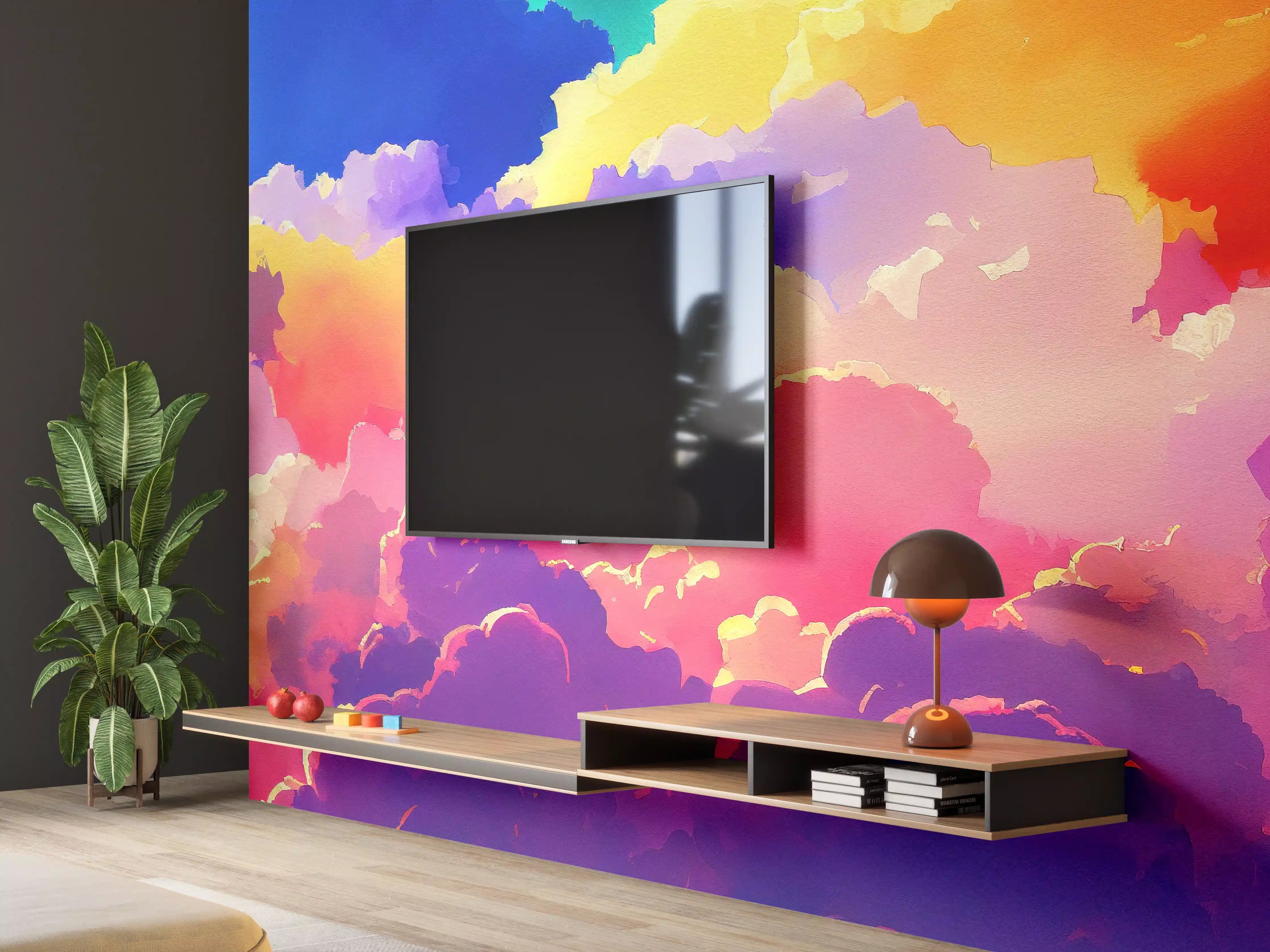 Wandverkleidung Wohnzimmer - Himmel mit Wolken. Aquarell Illustration von farbigen Wolken.
