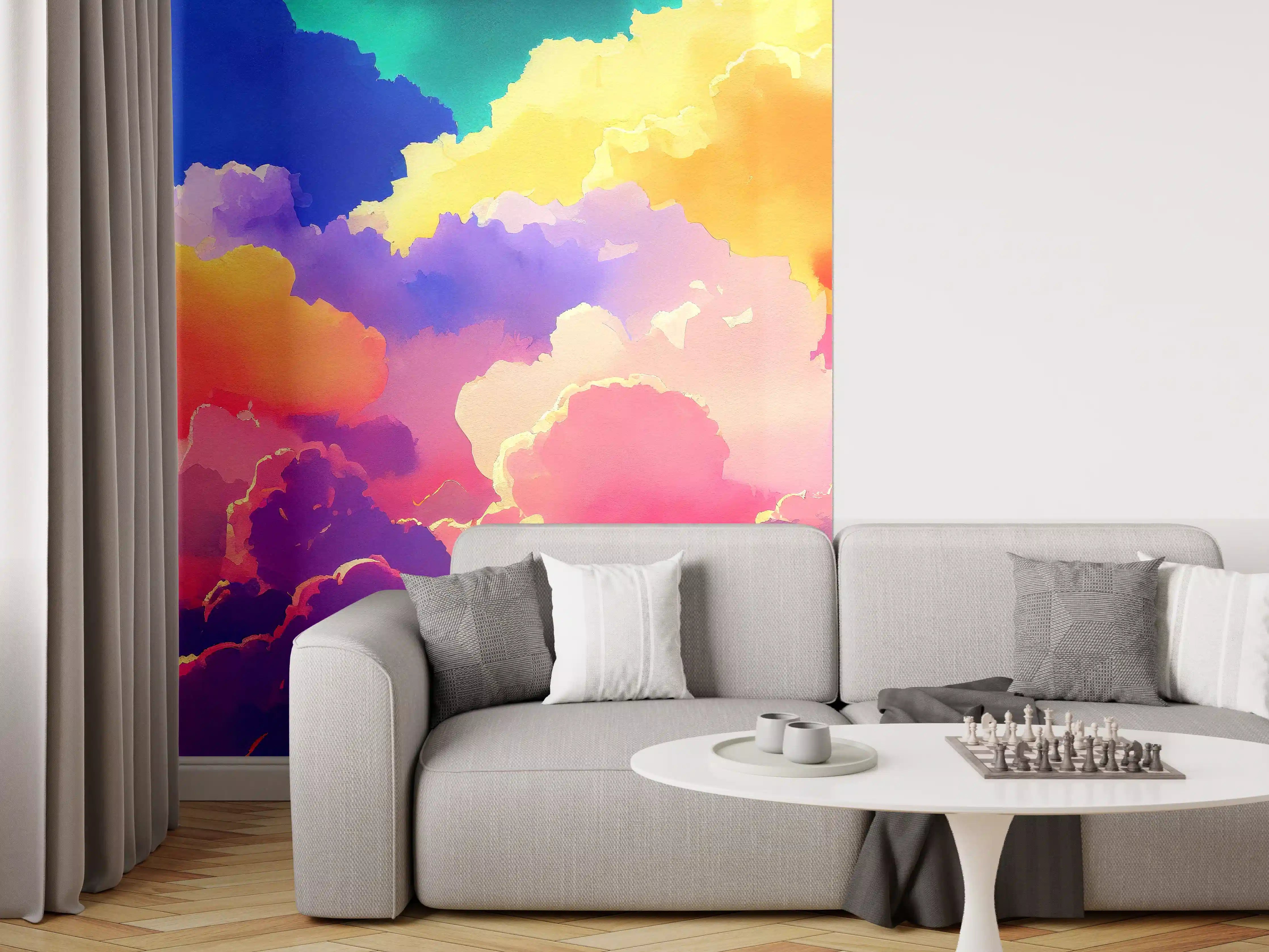 Wandverkleidung Wohnzimmer - Himmel mit Wolken. Aquarell Illustration von farbigen Wolken.