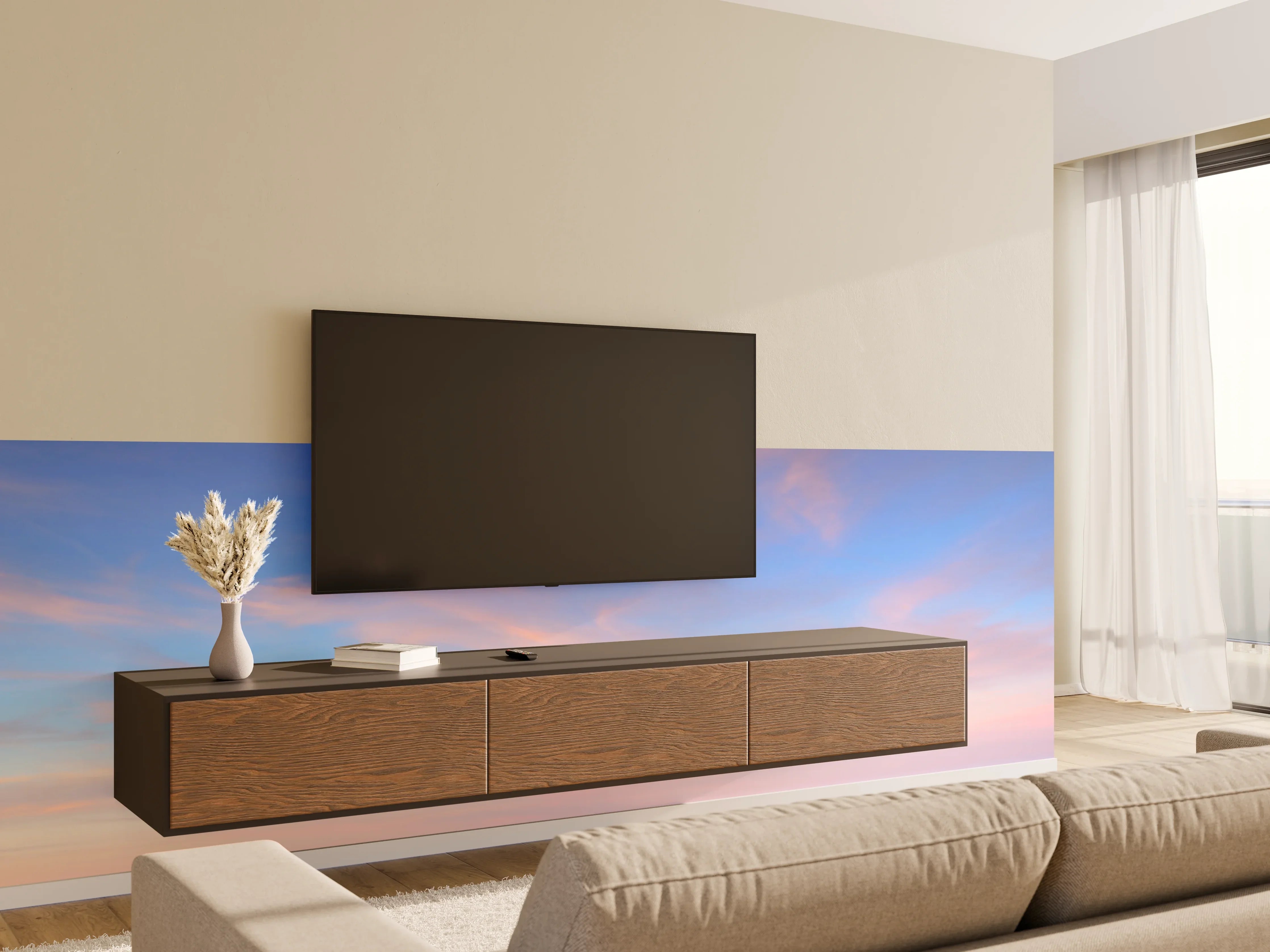 Wandverkleidung Wohnzimmer - Himmel mit sanften Wolken