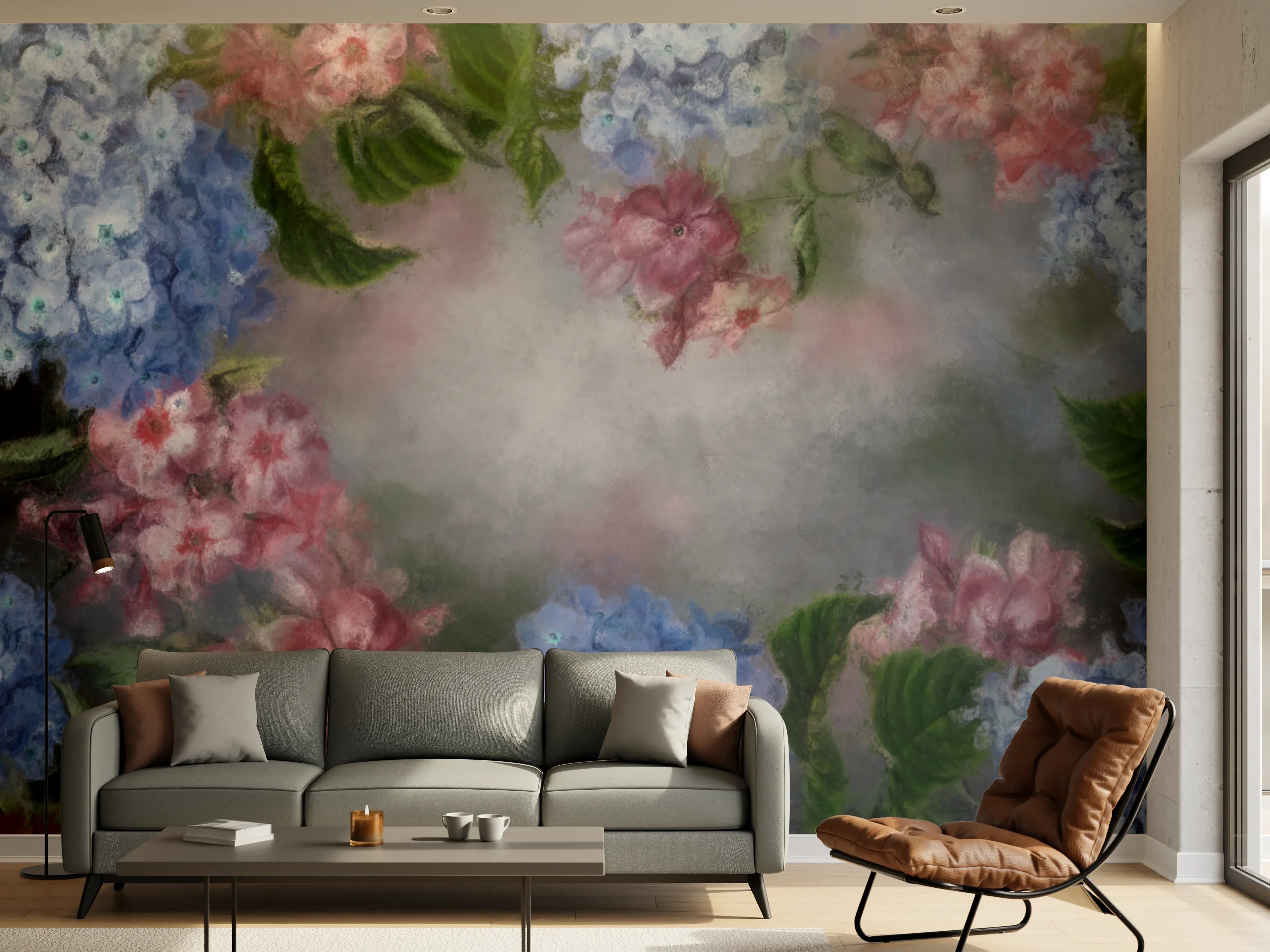 Wandverkleidung Wohnzimmer - Himmel und Blumen: Sanfte Farbpalette