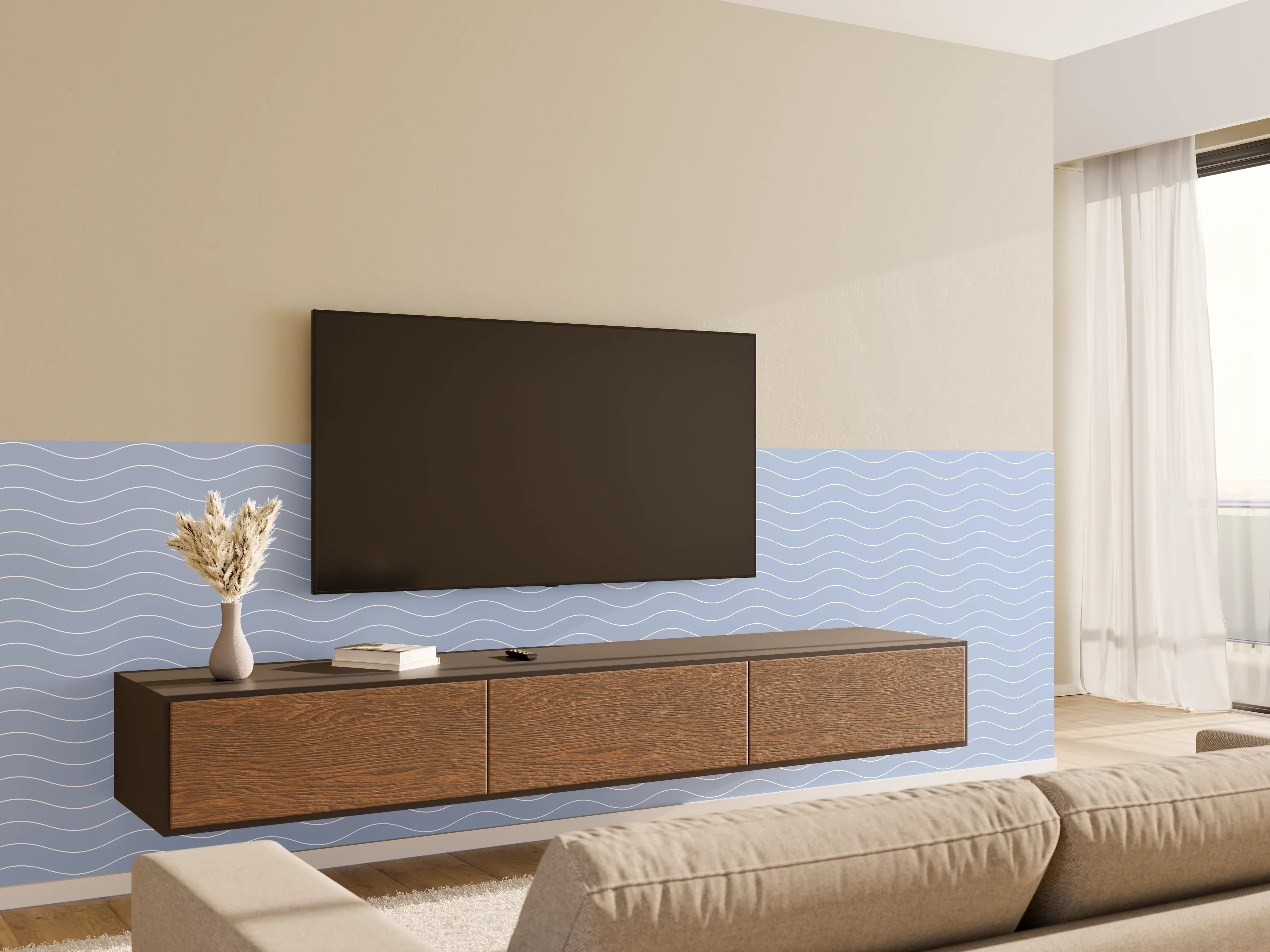 Wandverkleidung Wohnzimmer - Himmel und Wasser mit Wellenmuster