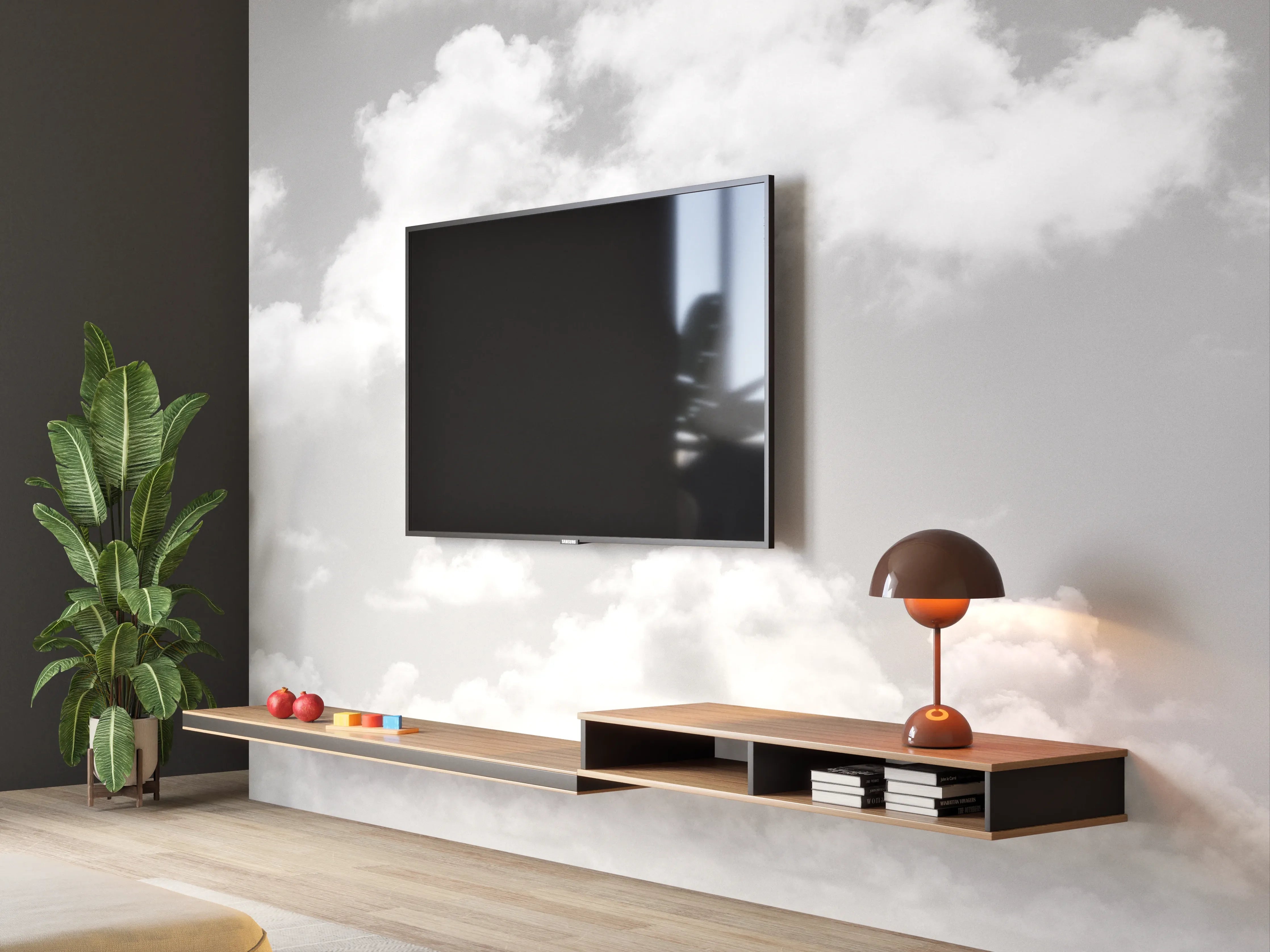 Wandverkleidung Wohnzimmer - Himmel und Wolken in Schwarz-Weiß