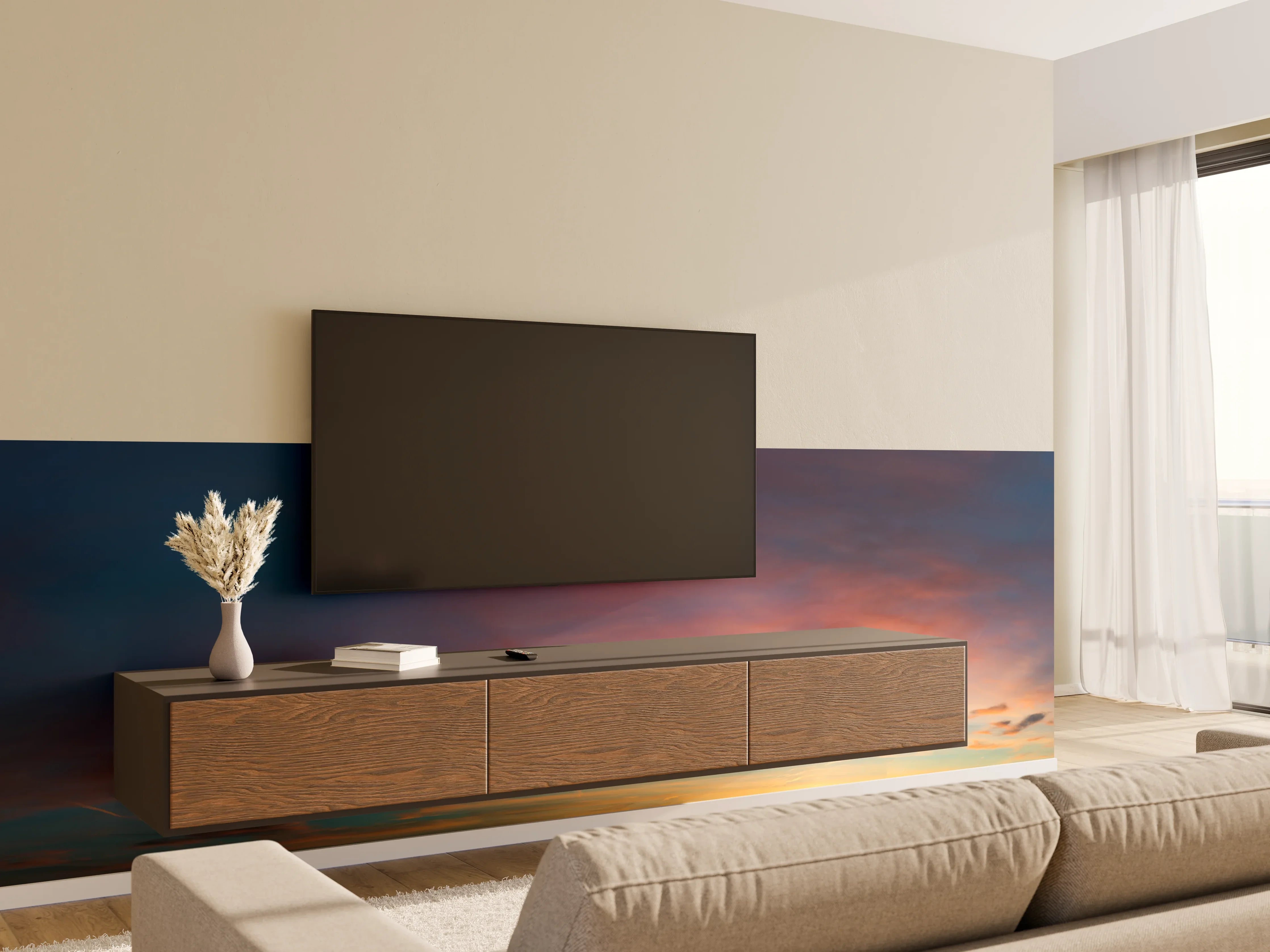 Wandverkleidung Wohnzimmer - Himmelspanorama bei Sonnenuntergang