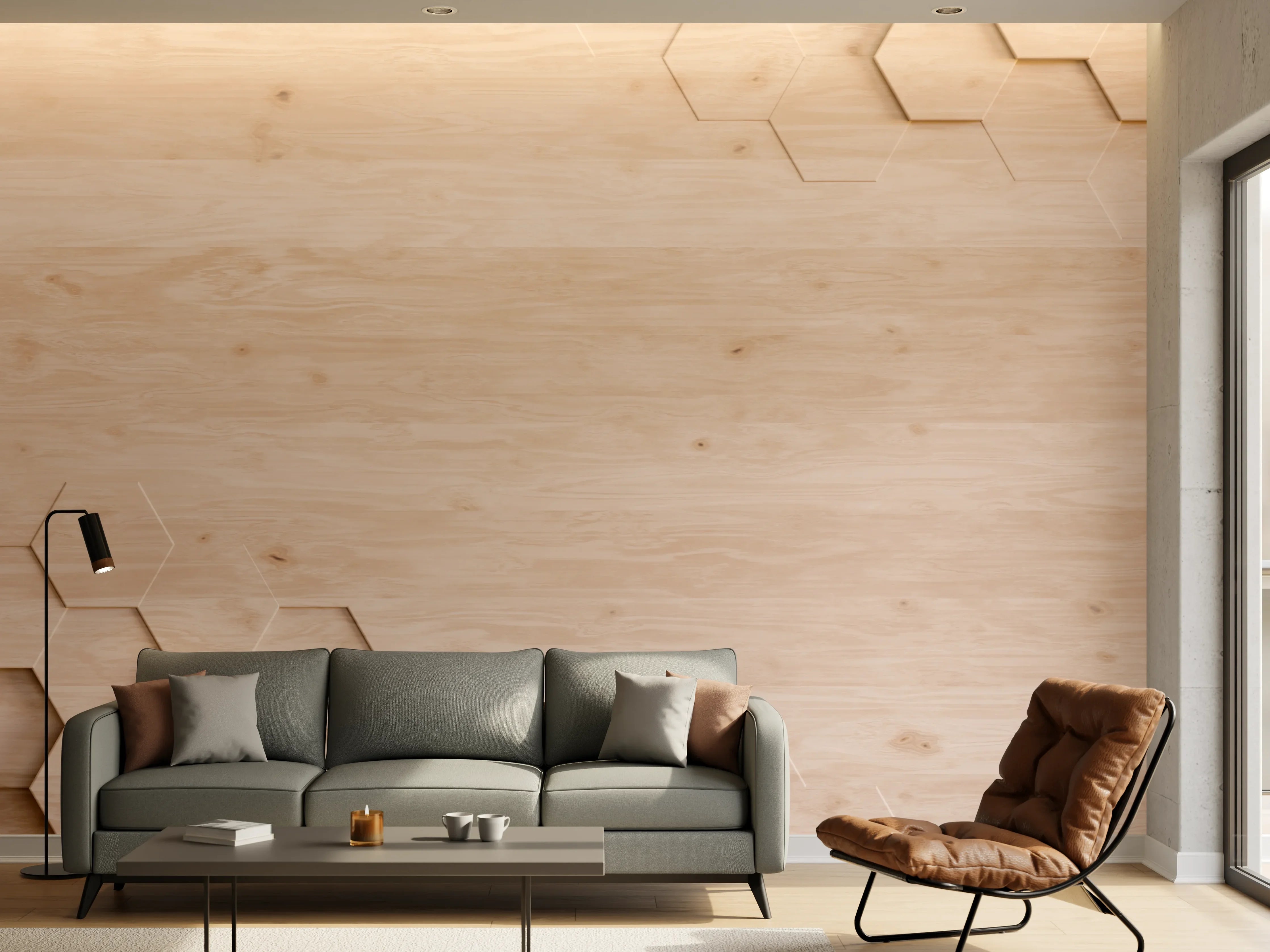 Wandverkleidung Wohnzimmer - Hintergrund mit Honeycomb-Muster in Holzoptik