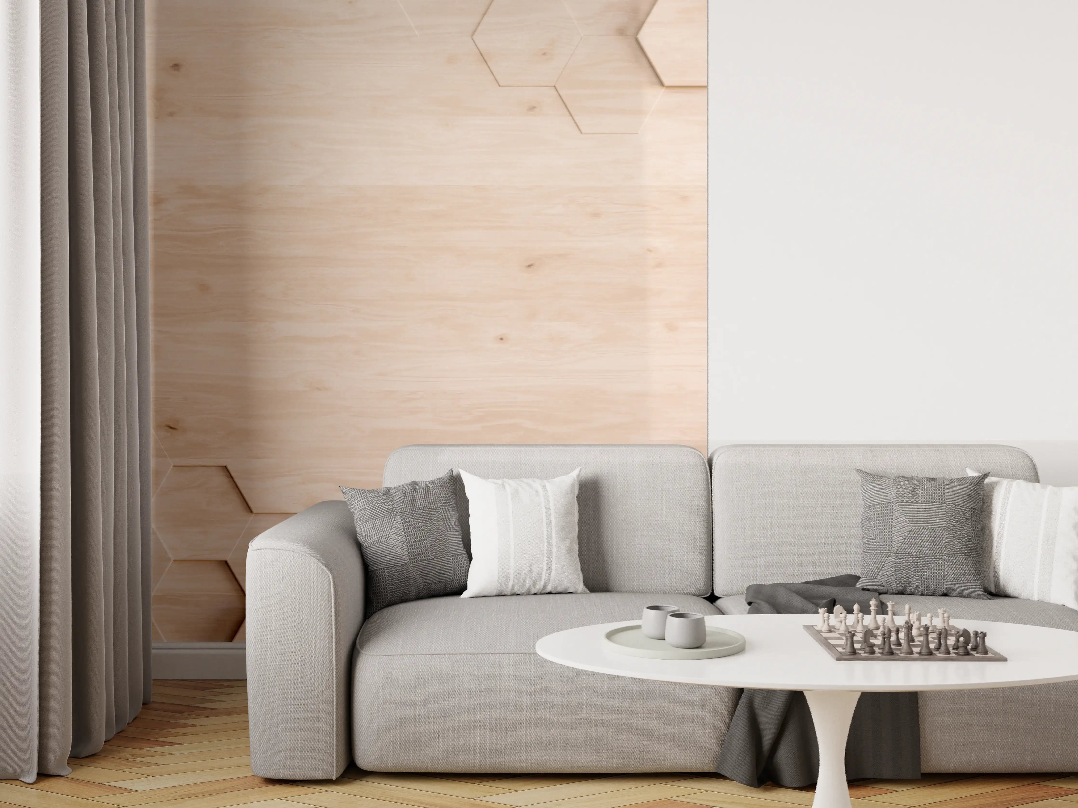Wandverkleidung Wohnzimmer - Hintergrund mit Honeycomb-Muster in Holzoptik