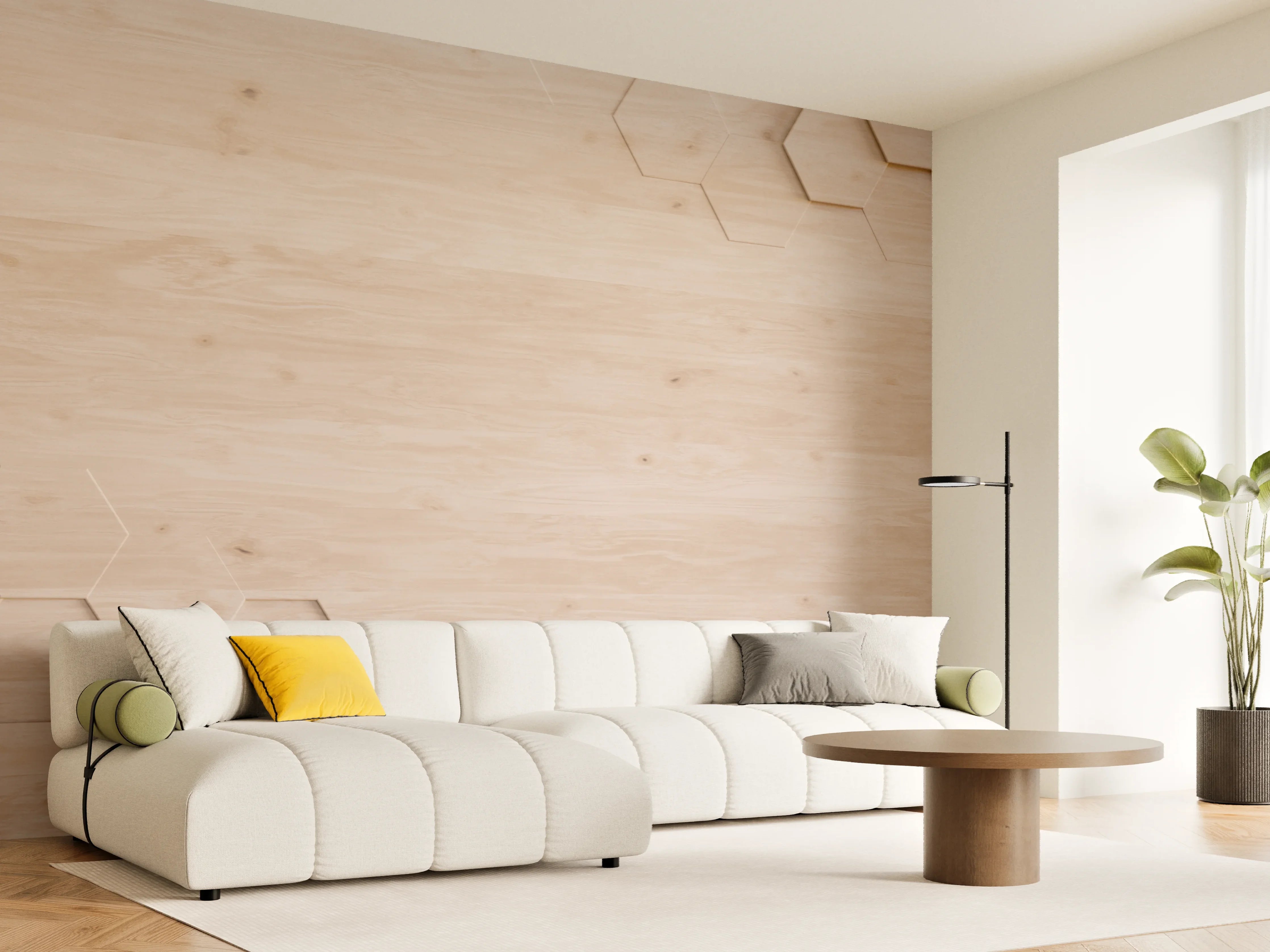 Wandverkleidung Wohnzimmer - Hintergrund mit Honeycomb-Muster in Holzoptik