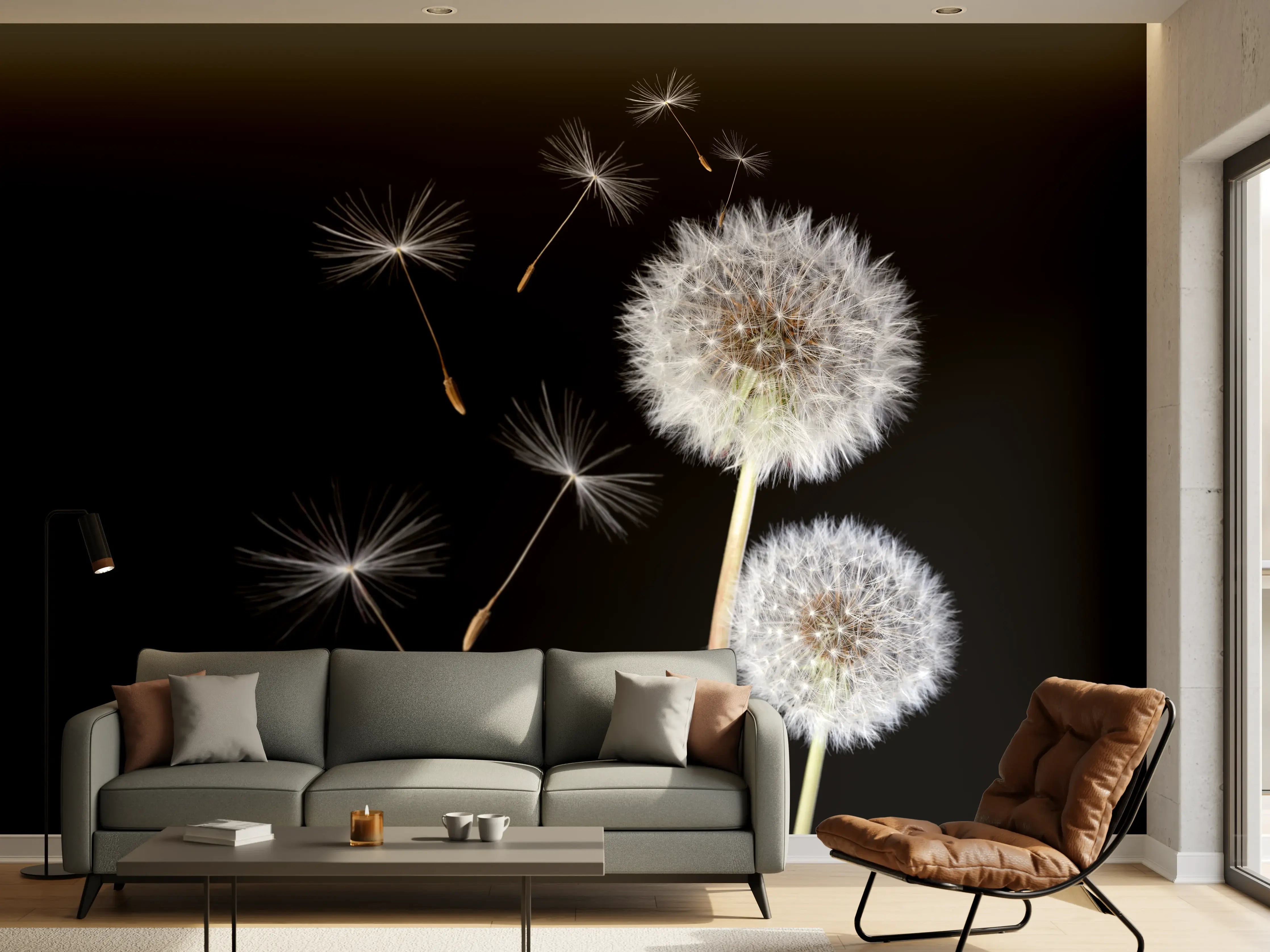 Wandverkleidung Wohnzimmer - Hintergrund mit Pusteblumen und Samen im Schwarz