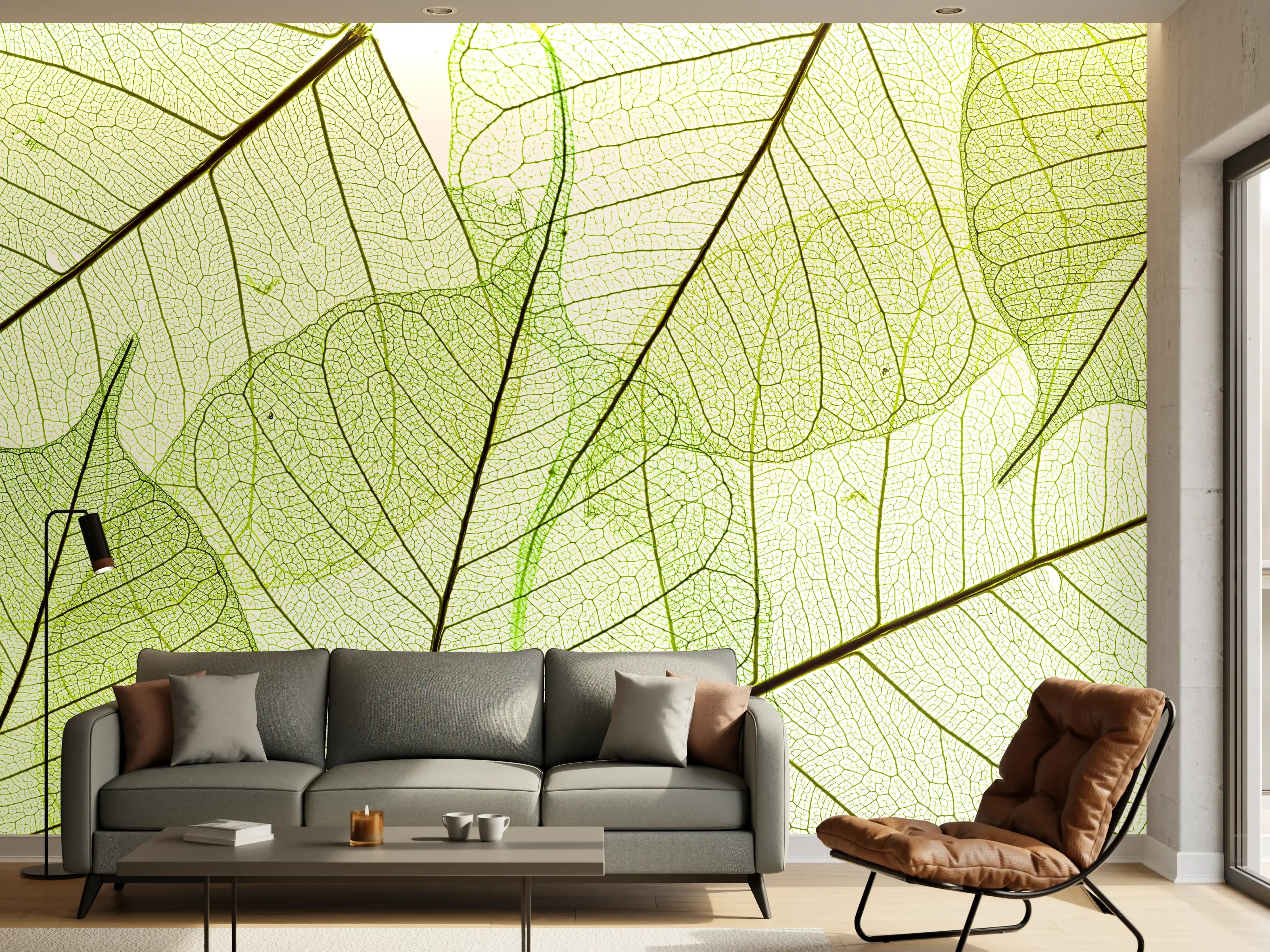 Wandverkleidung Wohnzimmer - Hintergrund mit grünem Blättermuster