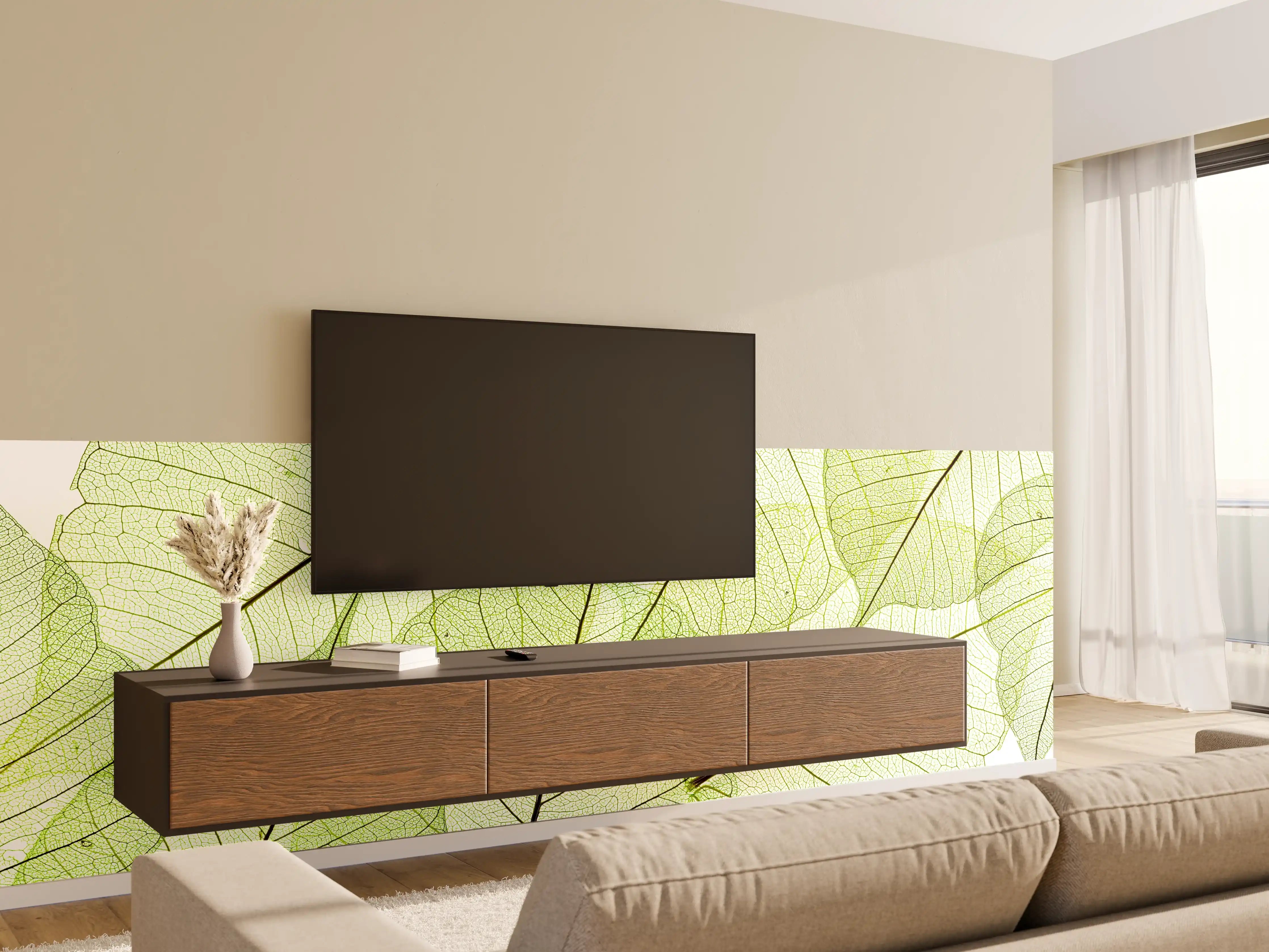 Wandverkleidung Wohnzimmer - Hintergrund mit grünem Blättermuster