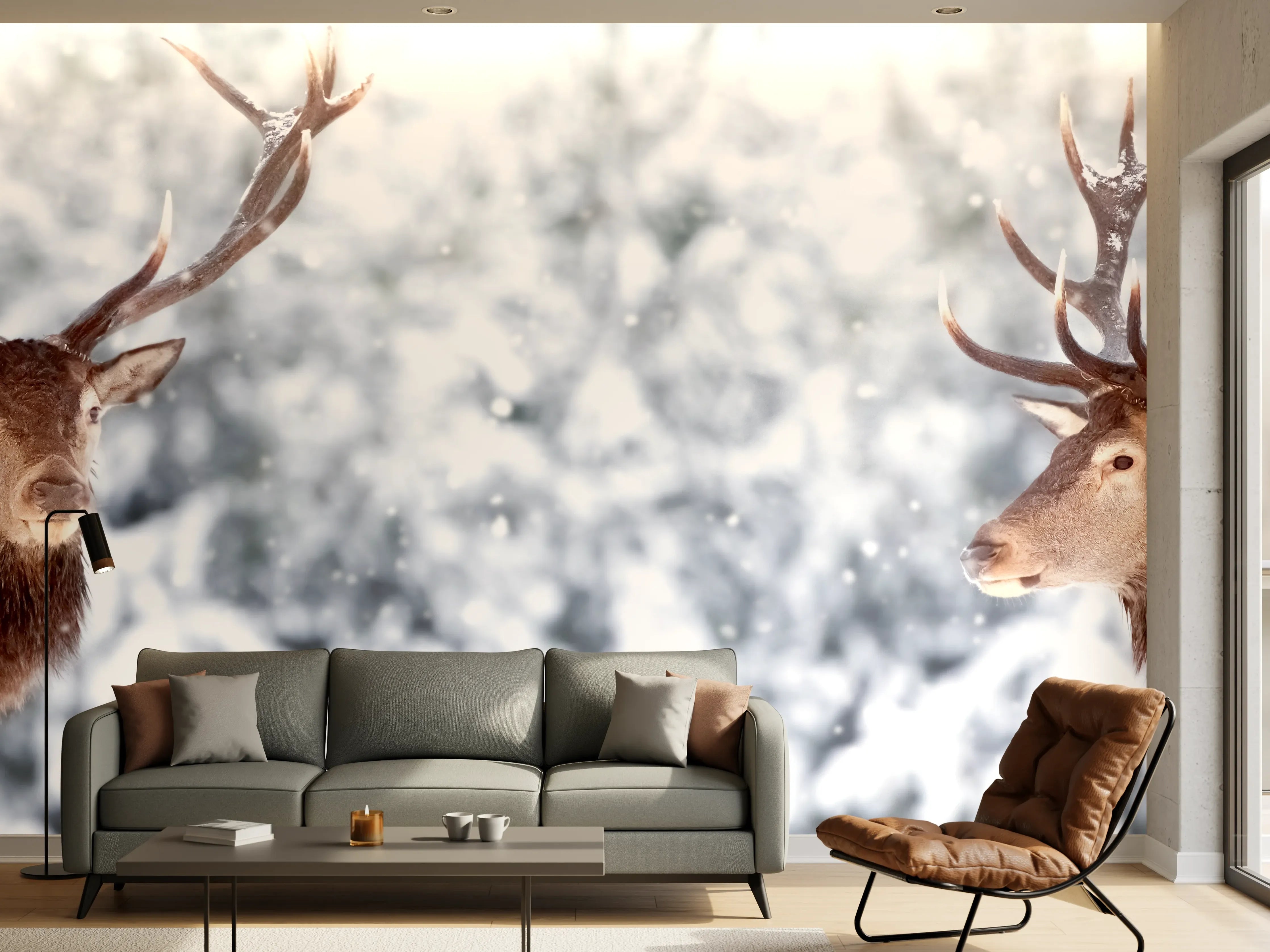 Wandverkleidung Wohnzimmer - Hirsch-Paar im Winterwald