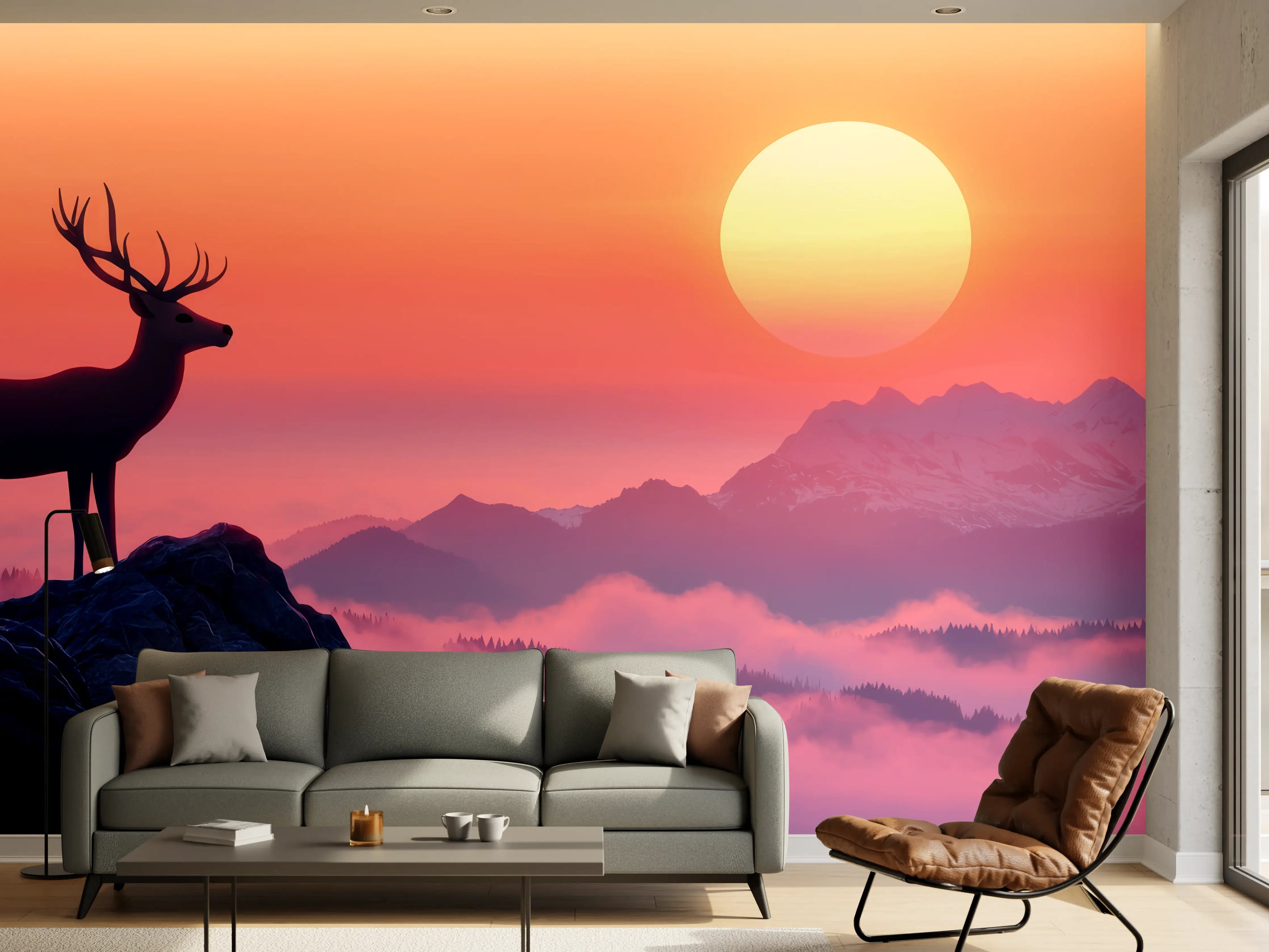 Wandverkleidung Wohnzimmer - Hirsch-Silhouette Sonnenaufgang Orange-Pink