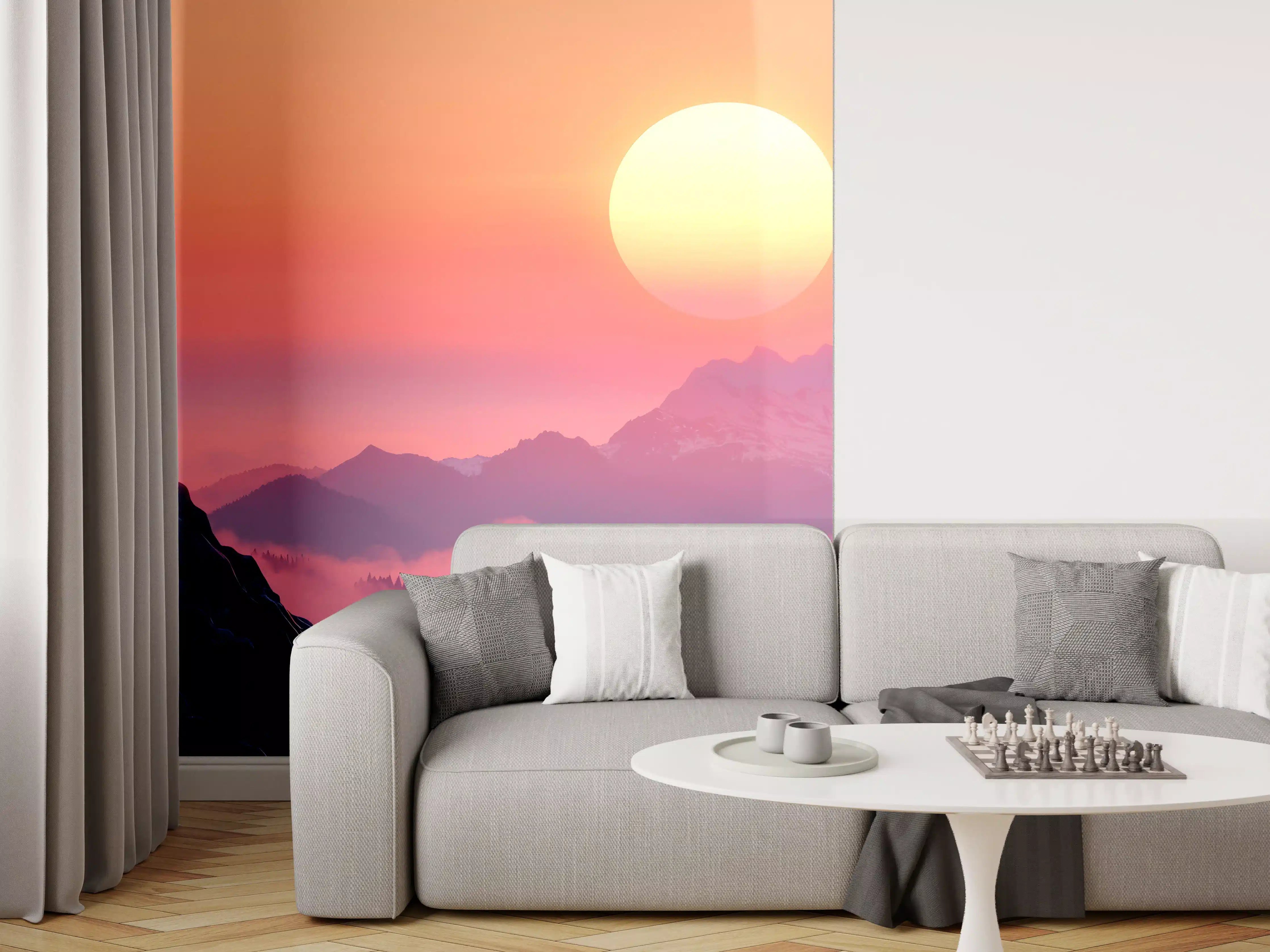 Wandverkleidung Wohnzimmer - Hirsch-Silhouette Sonnenaufgang Orange-Pink