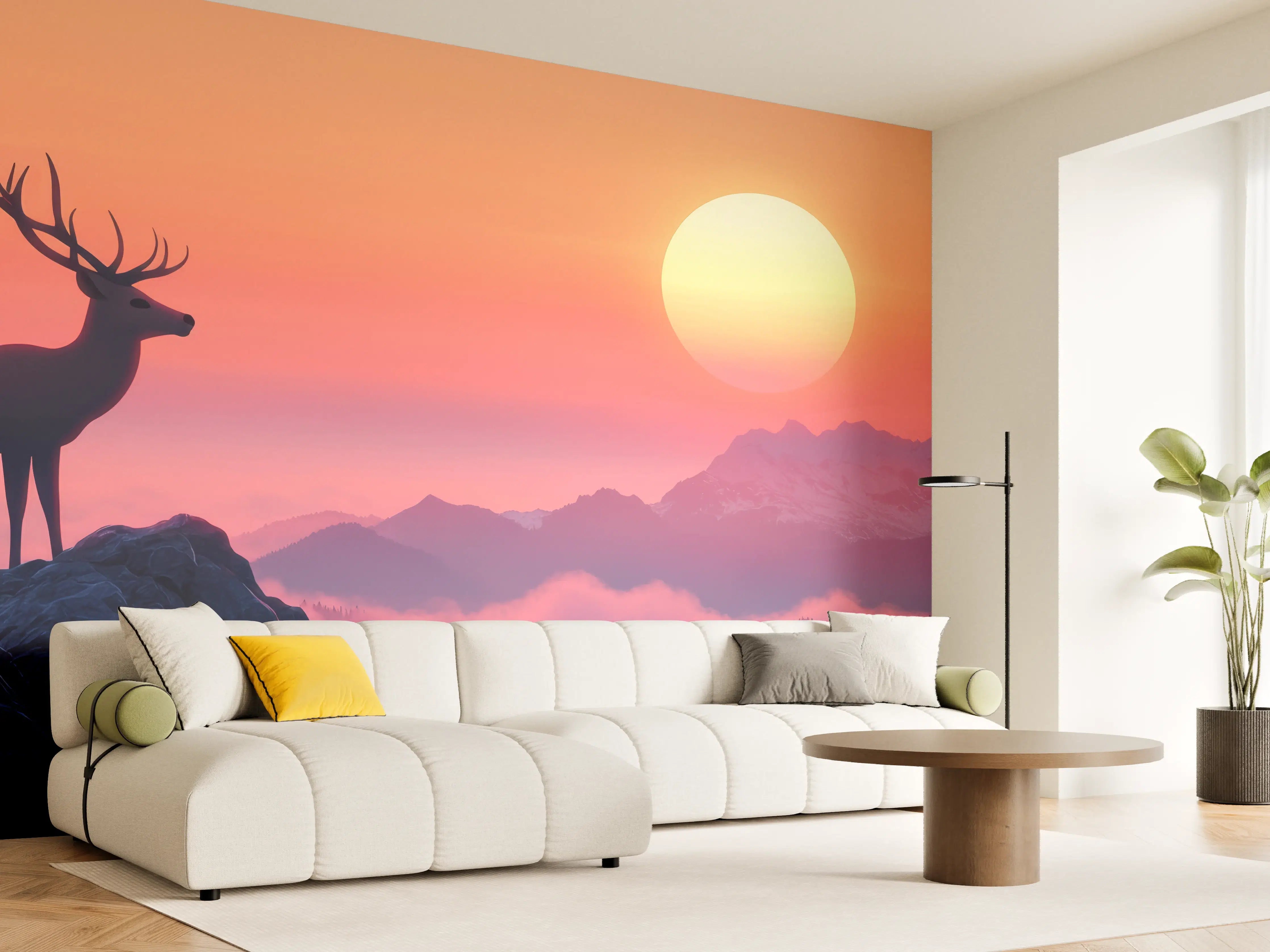 Wandverkleidung Wohnzimmer - Hirsch-Silhouette Sonnenaufgang Orange-Pink