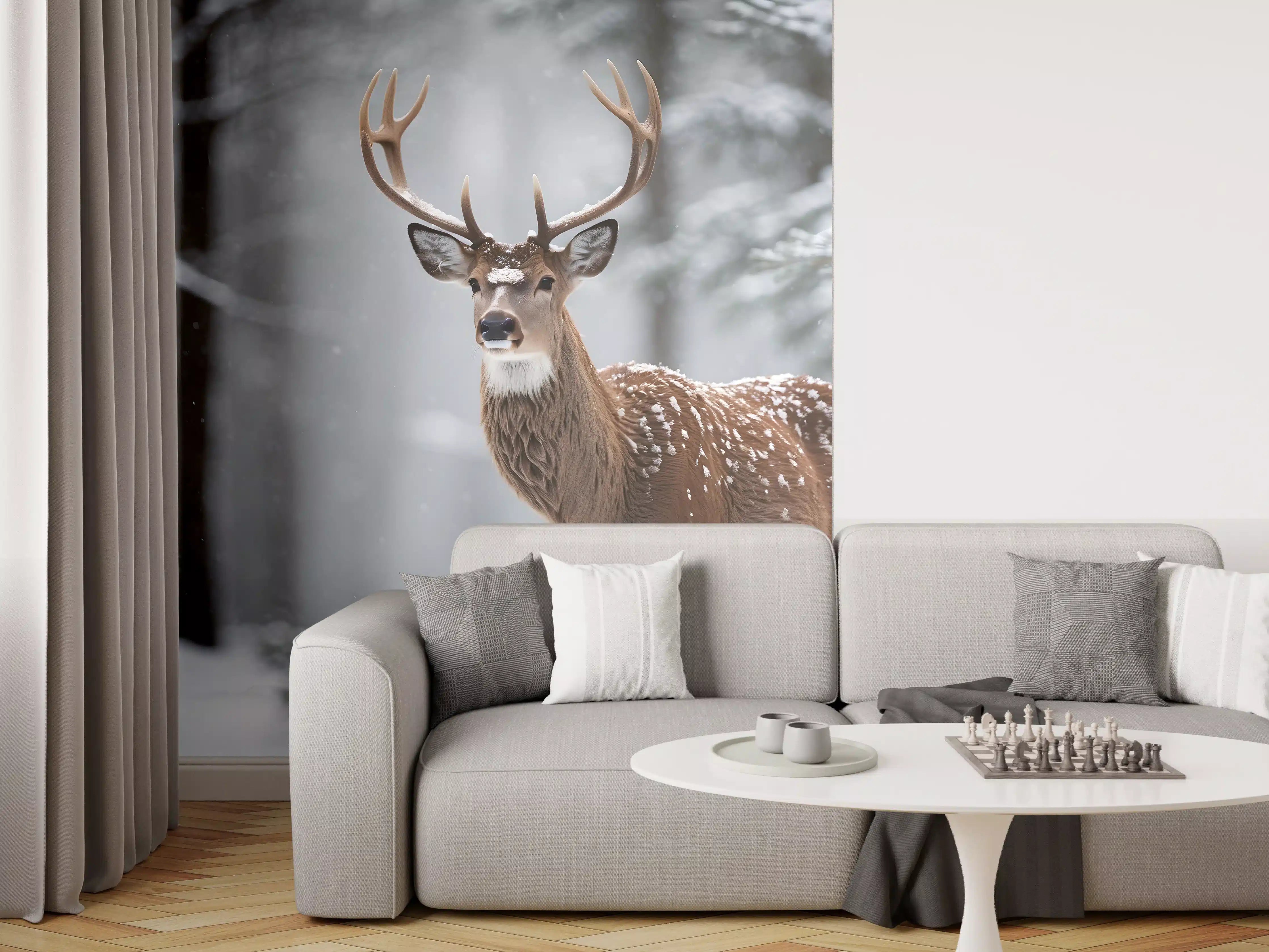 Wandverkleidung Wohnzimmer - Hirsch im verschneiten Wald