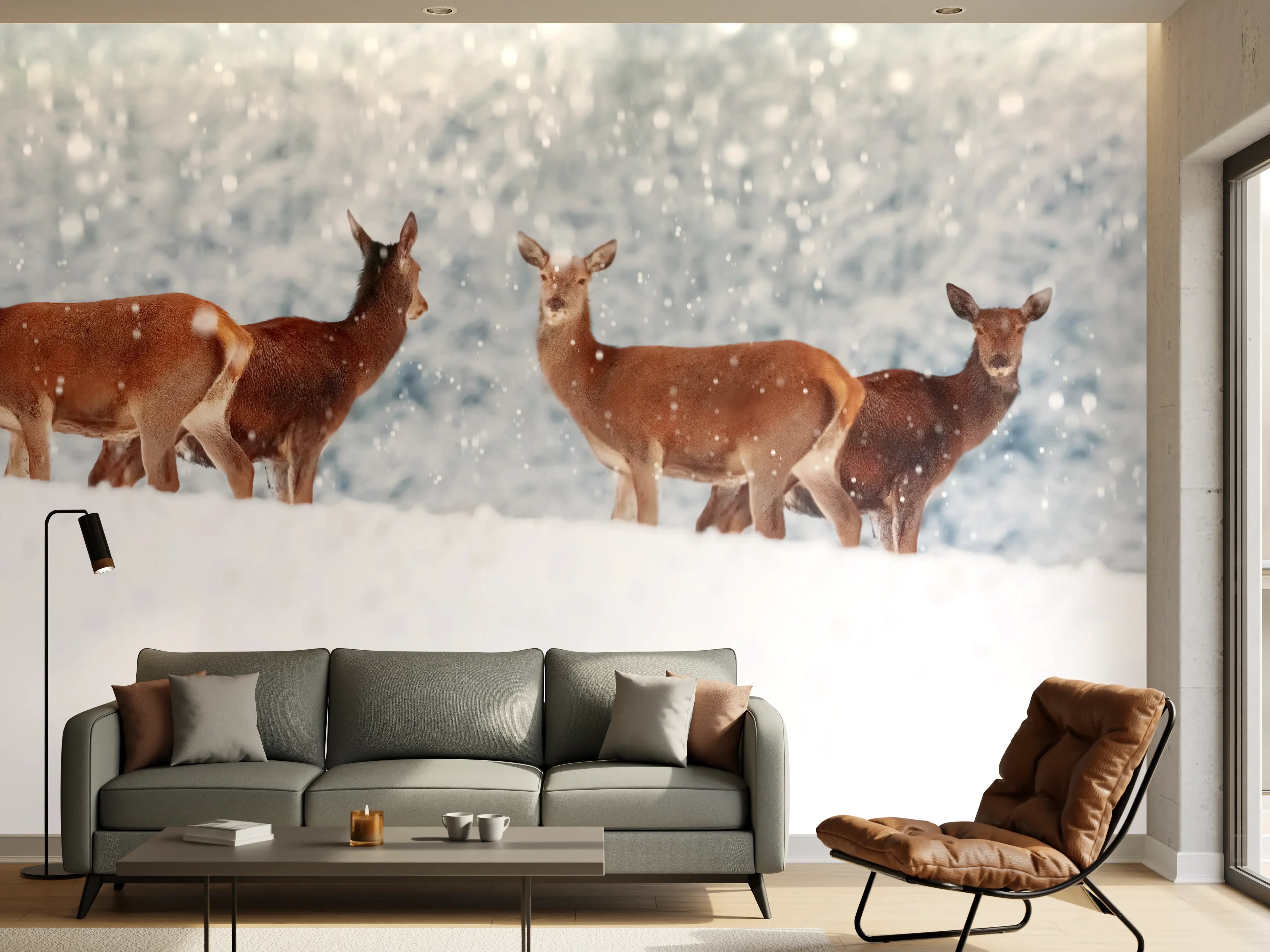 Wandverkleidung Wohnzimmer - Hirsche im weißen Winterpanorama