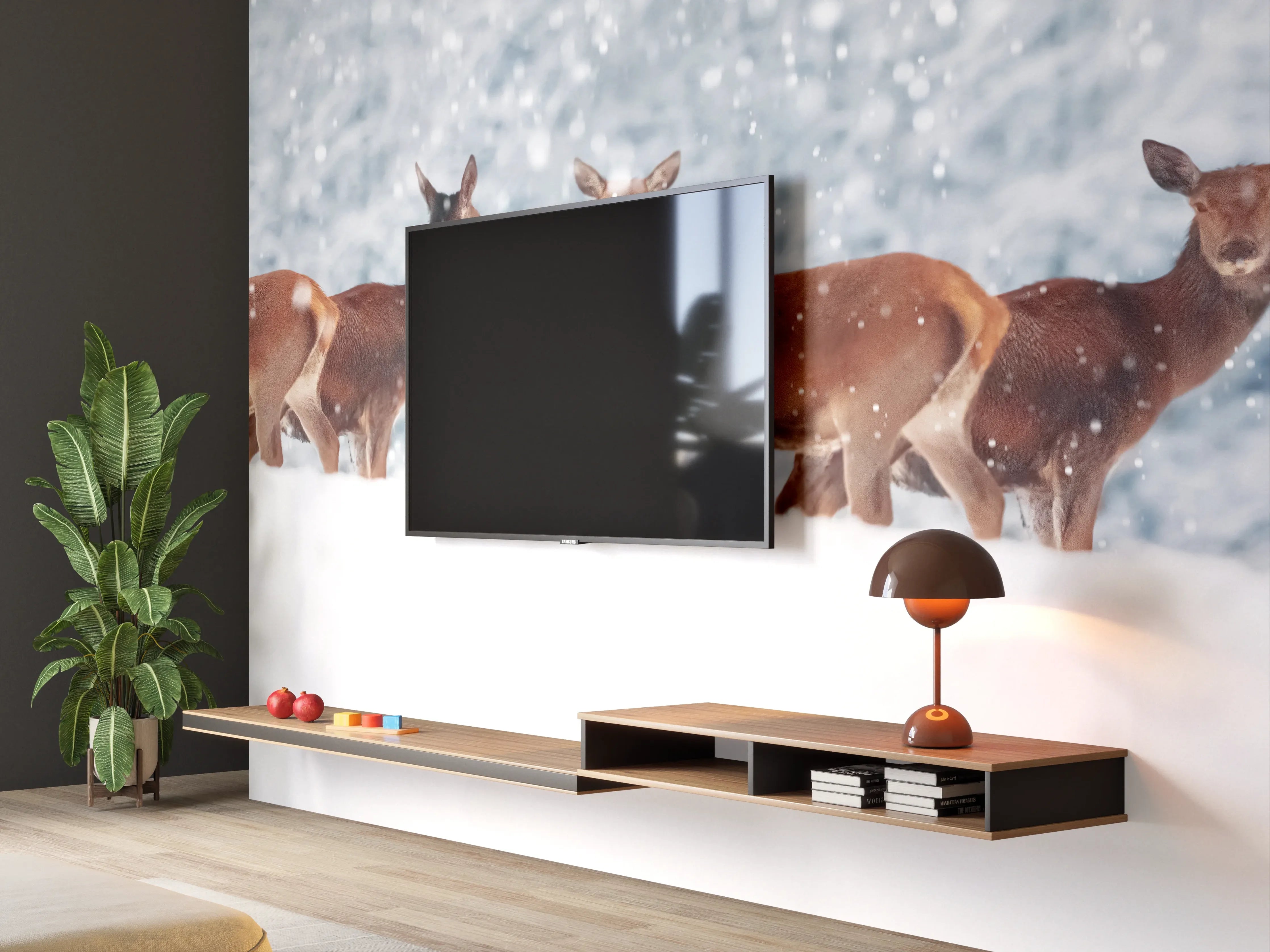 Wandverkleidung Wohnzimmer - Hirsche im weißen Winterpanorama