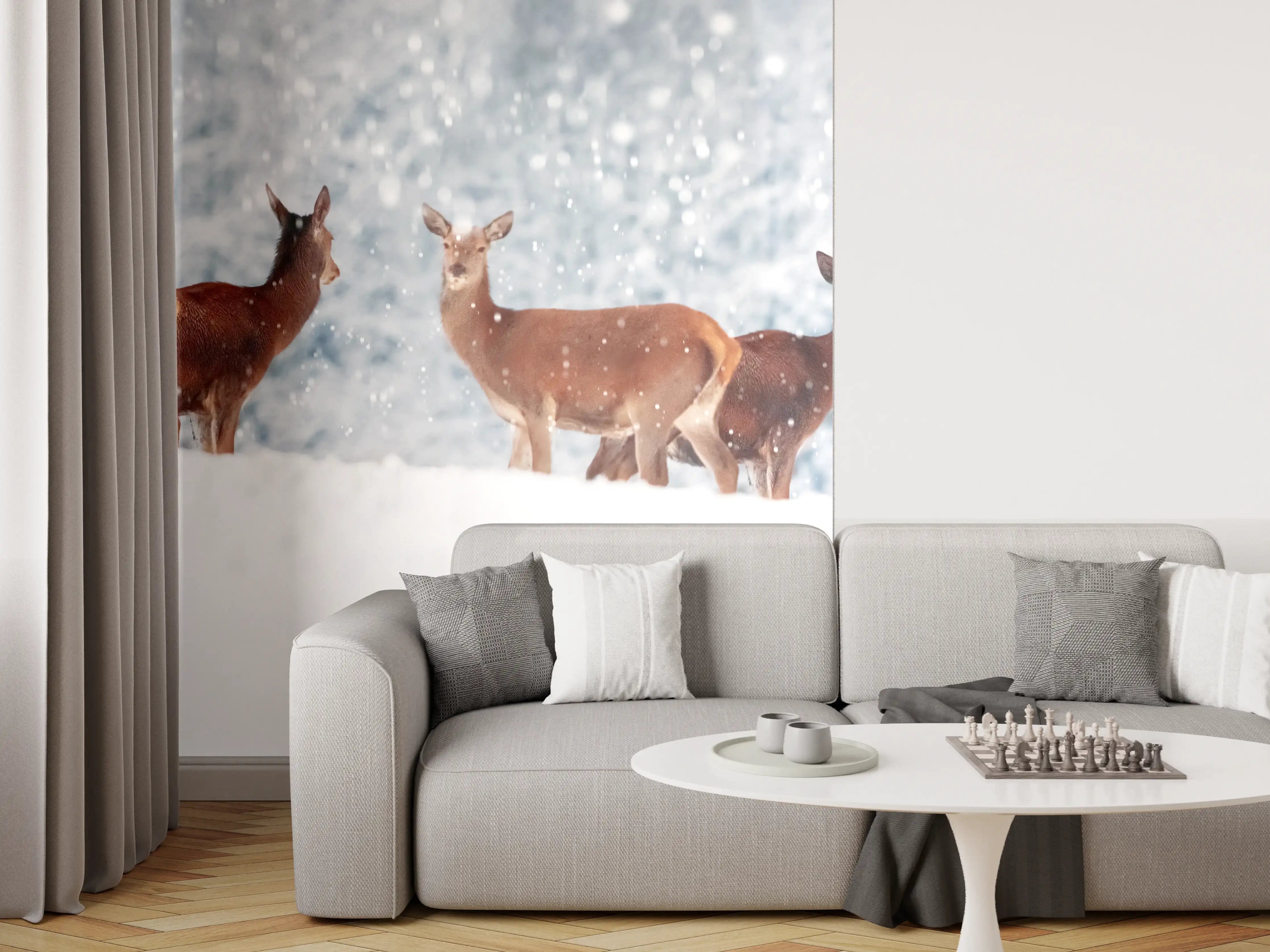 Wandverkleidung Wohnzimmer - Hirsche im weißen Winterpanorama