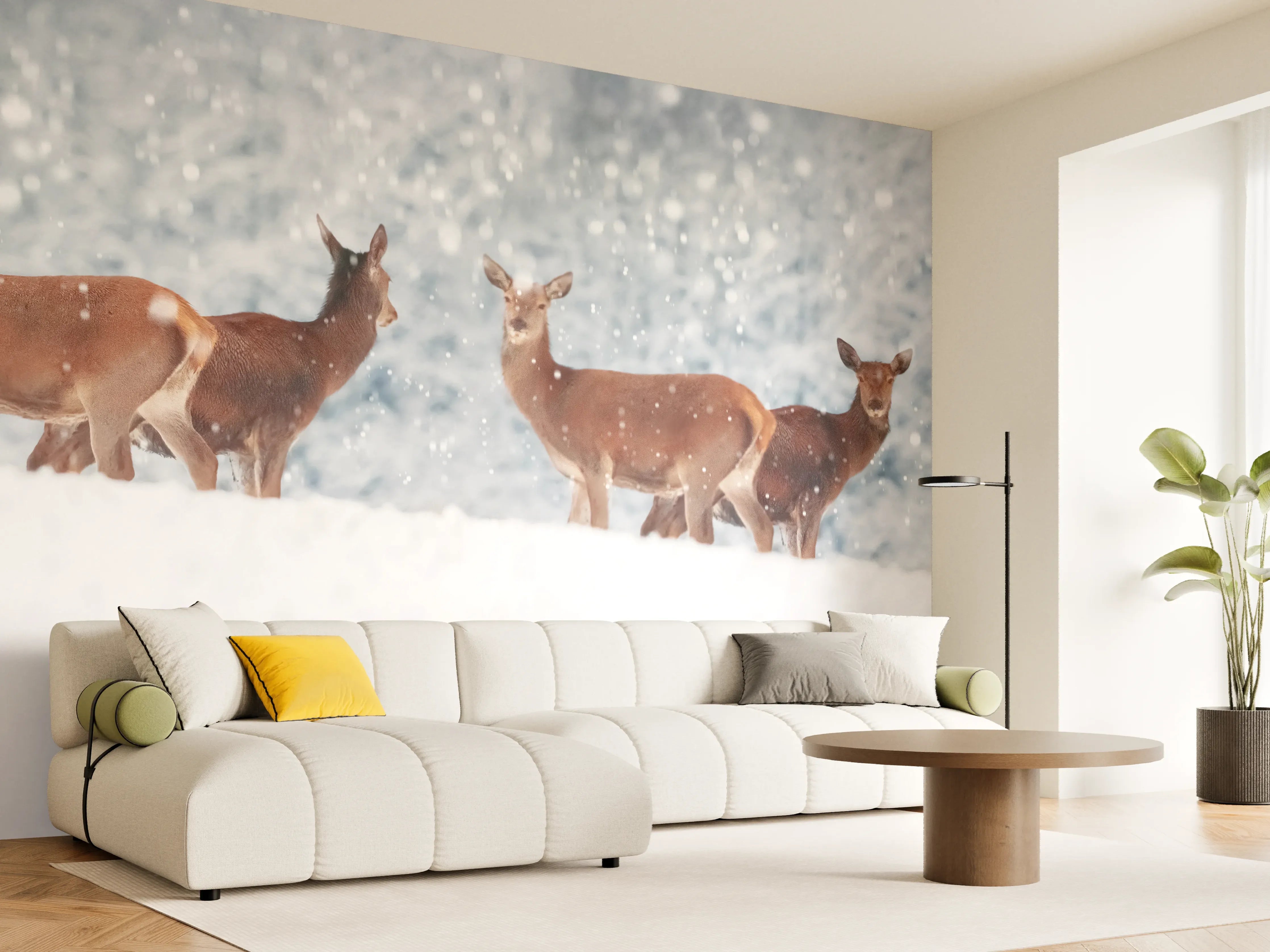 Wandverkleidung Wohnzimmer - Hirsche im weißen Winterpanorama