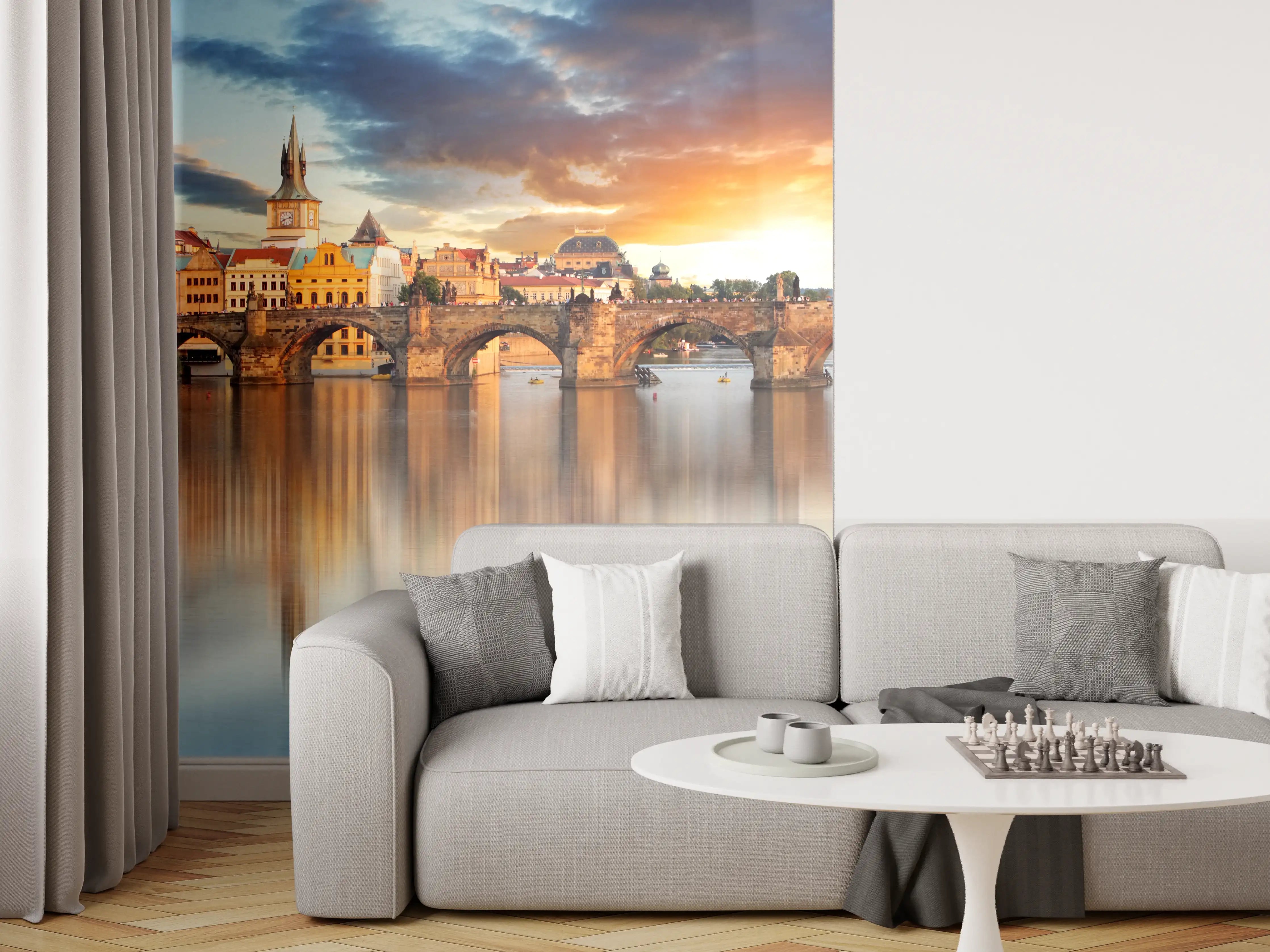 Wandverkleidung Wohnzimmer - Historische Brücke bei Sonnenuntergang