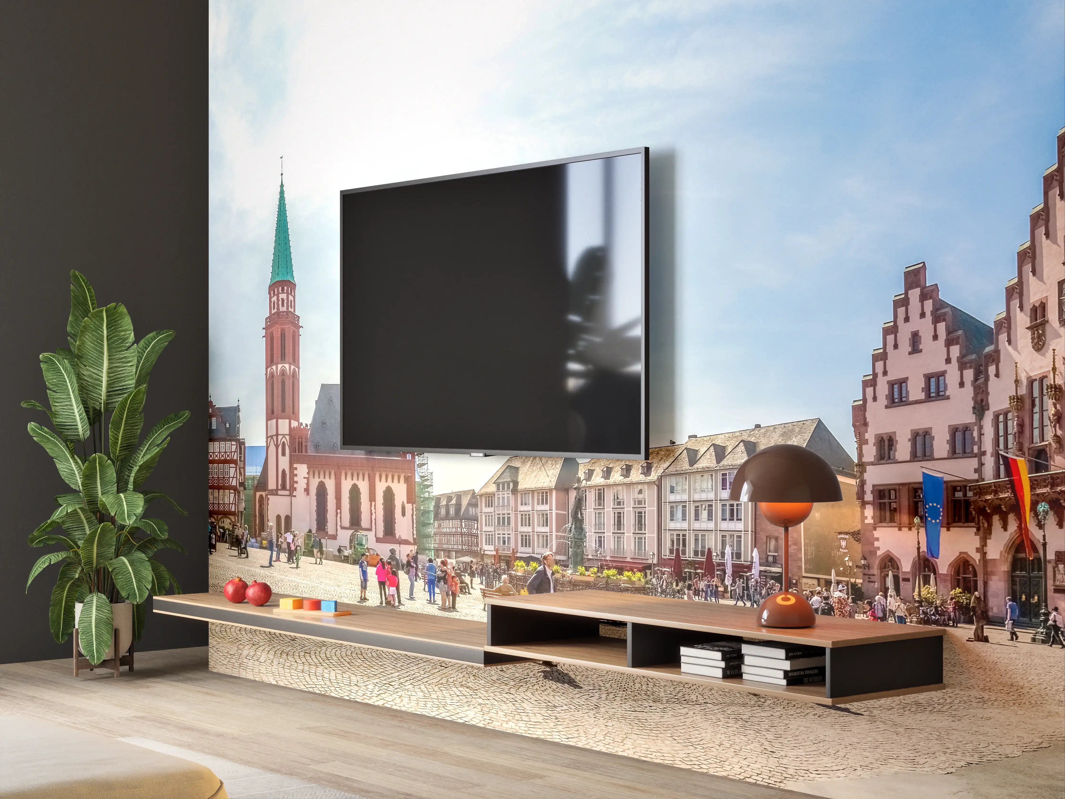Wandverkleidung Wohnzimmer - Historische Stadtfotografie mit bunten Gebäuden