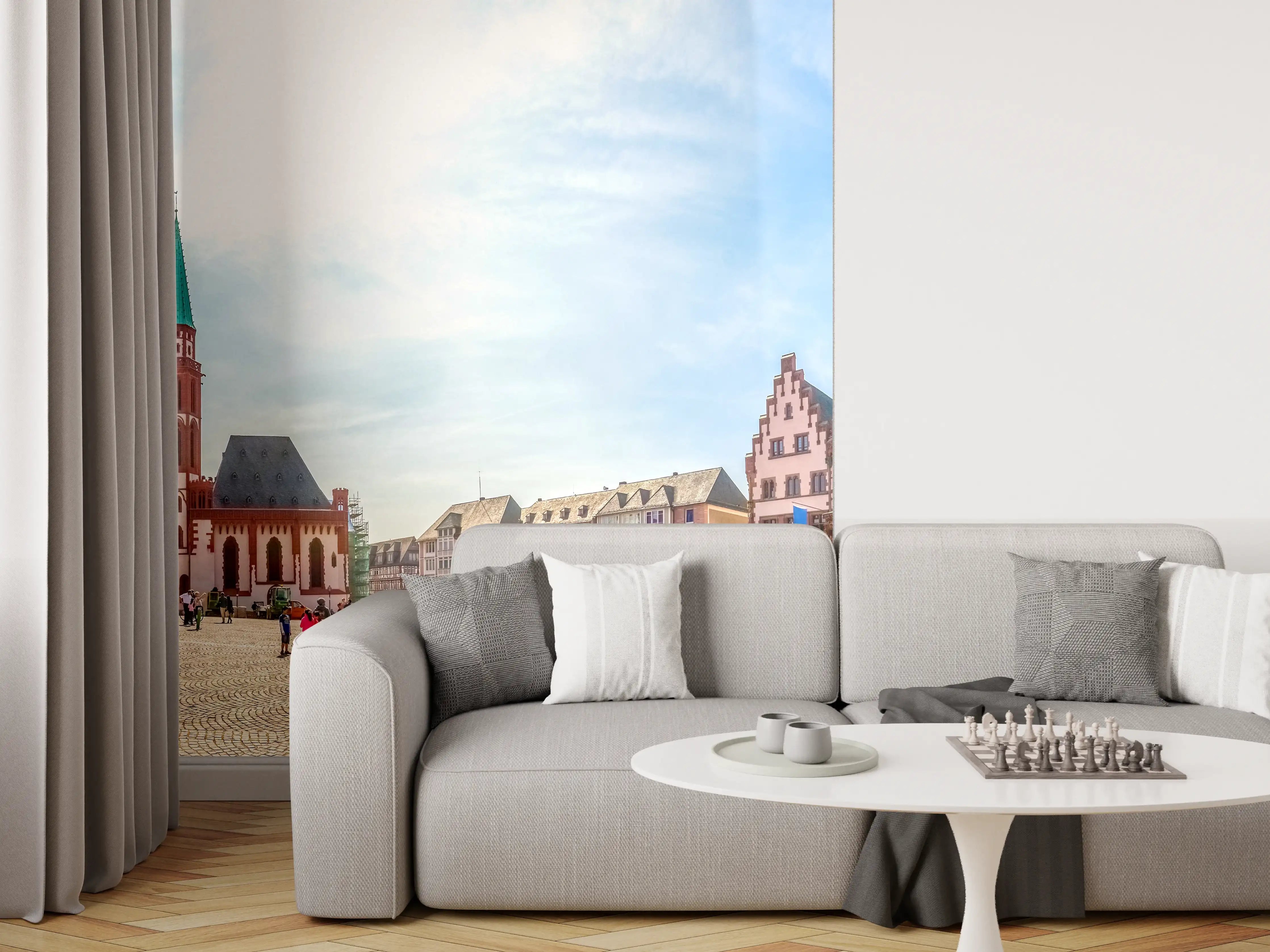 Wandverkleidung Wohnzimmer - Historische Stadtfotografie mit bunten Gebäuden