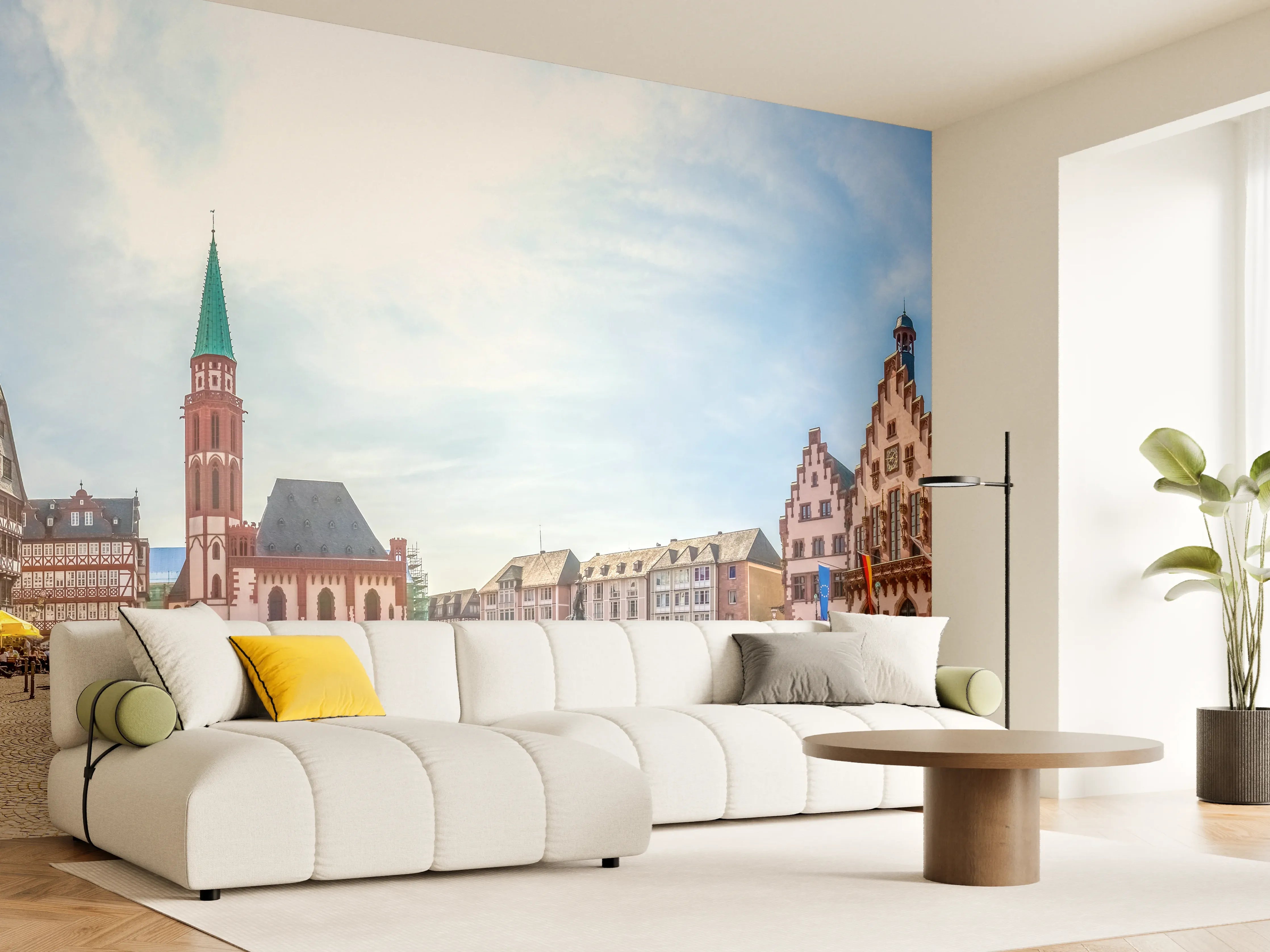 Wandverkleidung Wohnzimmer - Historische Stadtfotografie mit bunten Gebäuden