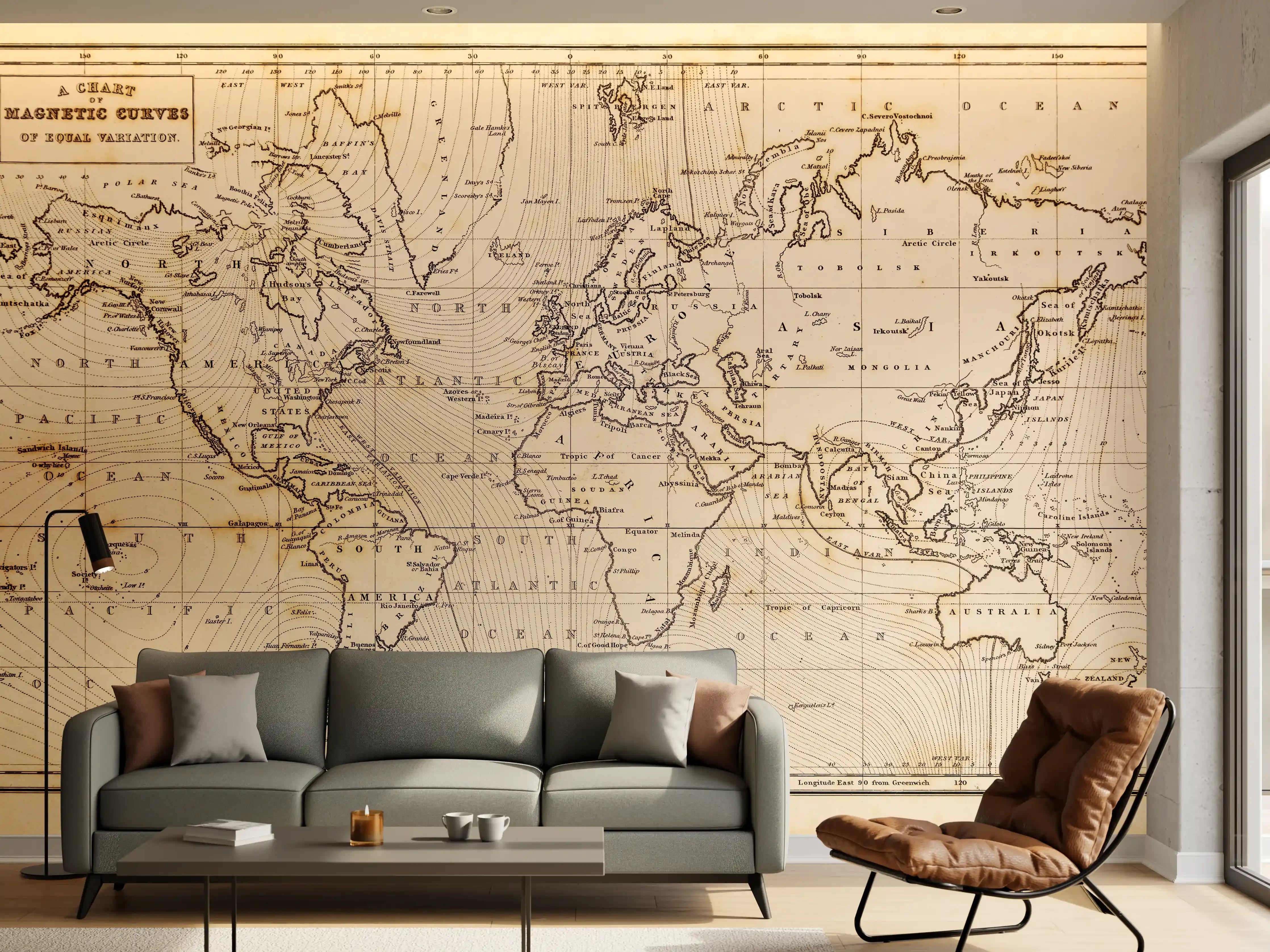 Wandverkleidung Wohnzimmer - Historische Weltkarte mit Magnetischer Deklination