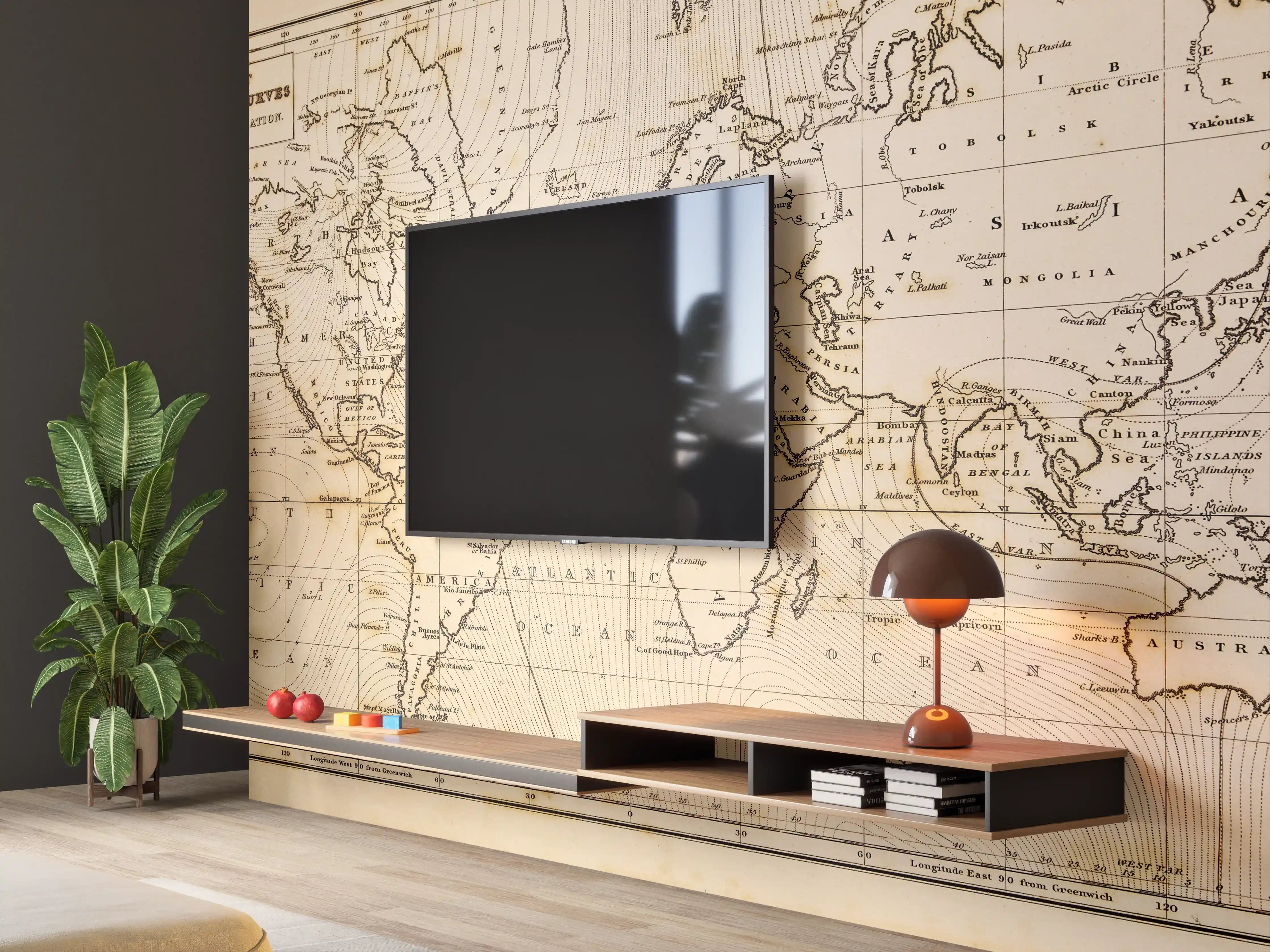 Wandverkleidung Wohnzimmer - Historische Weltkarte mit Magnetischer Deklination