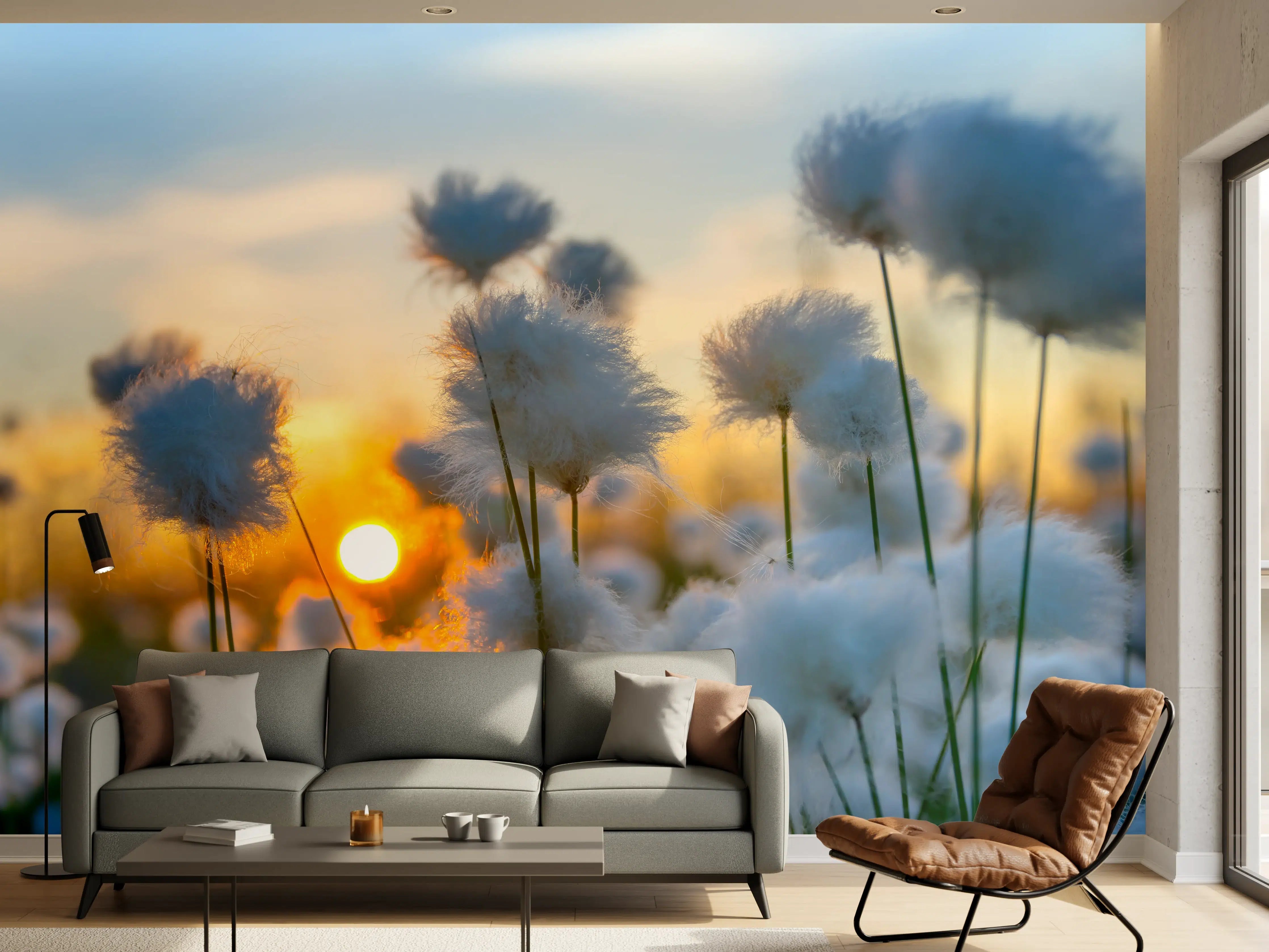 Wandverkleidung Wohnzimmer - Hochwertige Feldblumen bei Sonnenuntergang