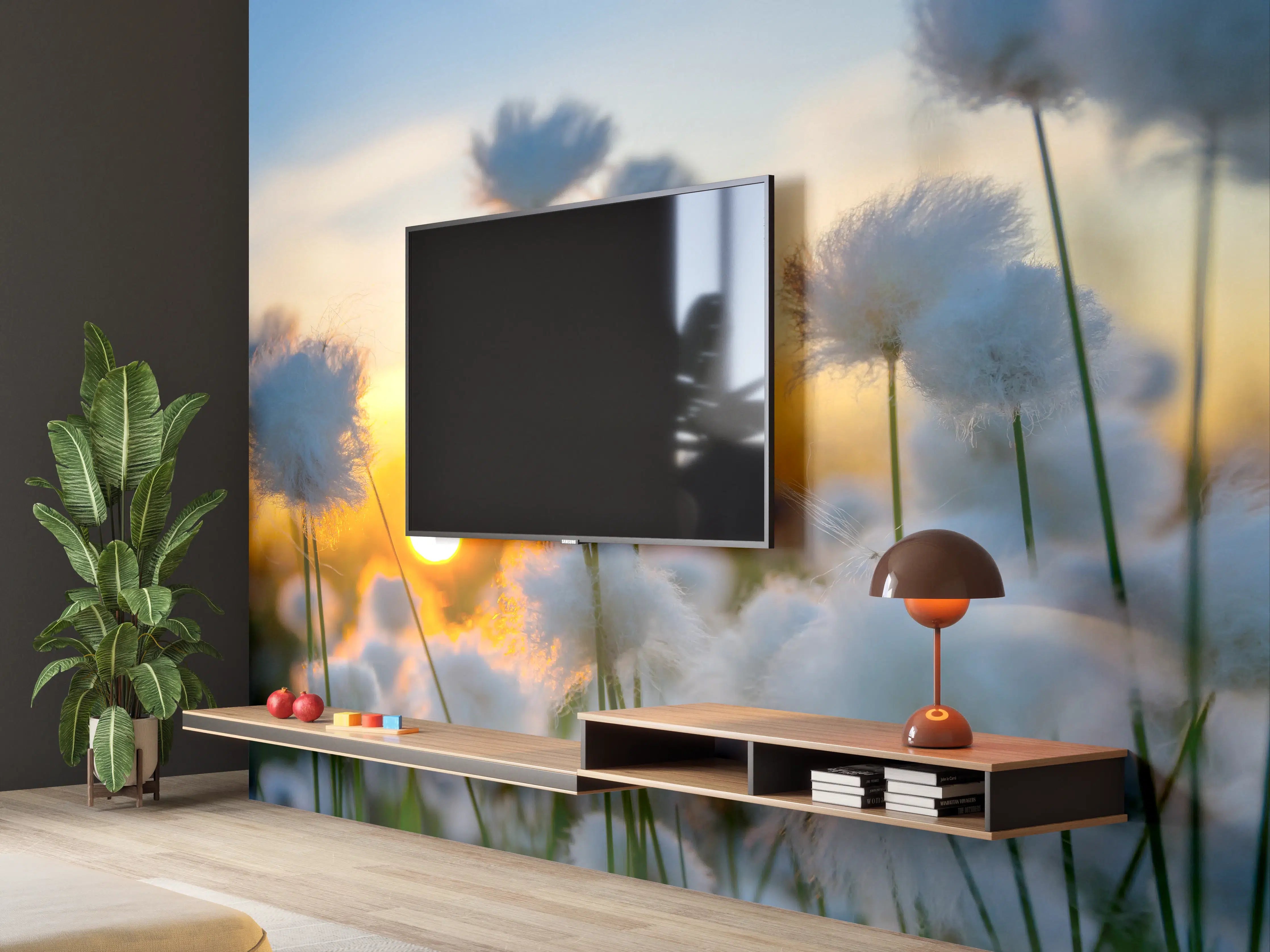 Wandverkleidung Wohnzimmer - Hochwertige Feldblumen bei Sonnenuntergang