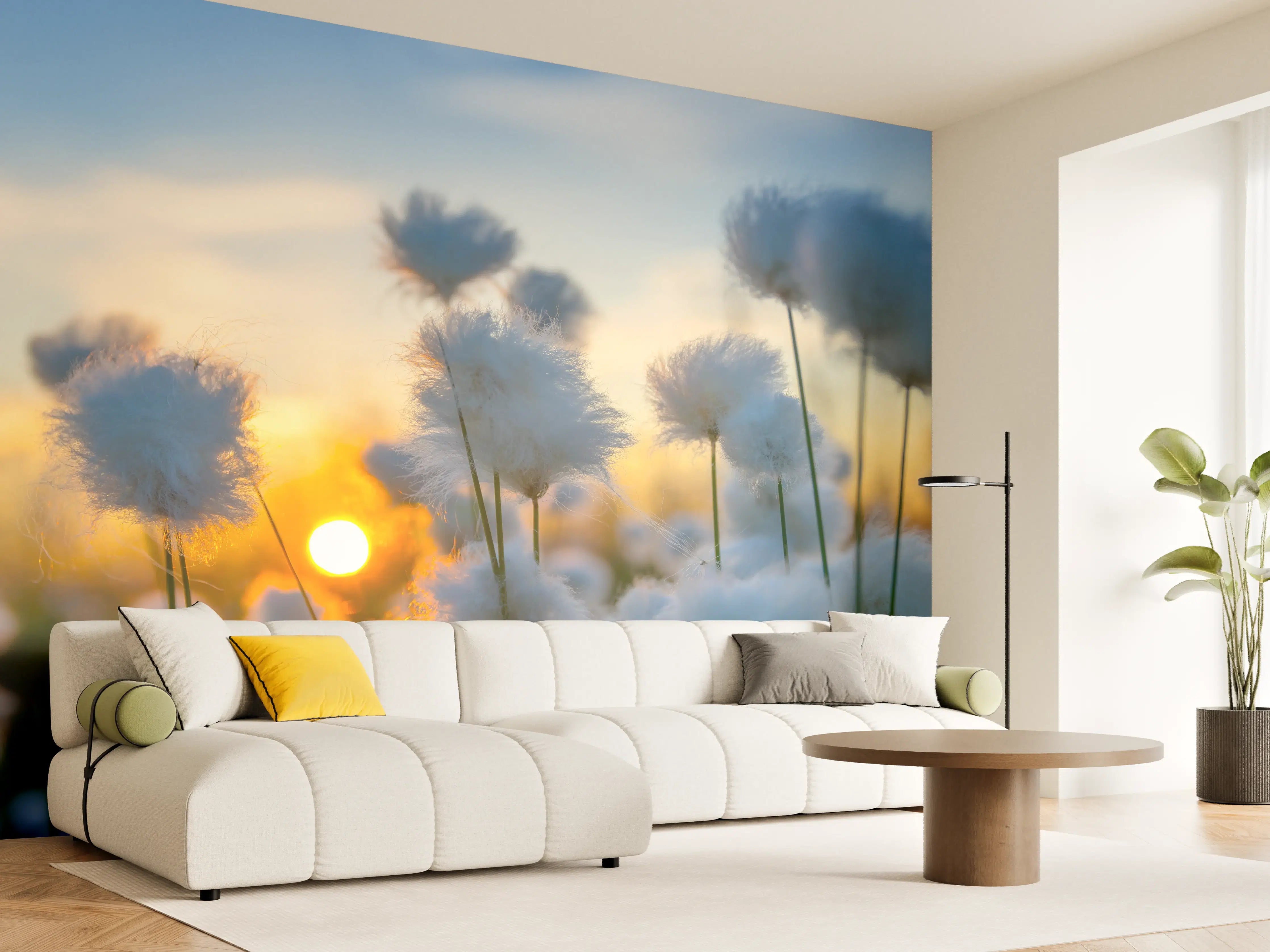 Wandverkleidung Wohnzimmer - Hochwertige Feldblumen bei Sonnenuntergang