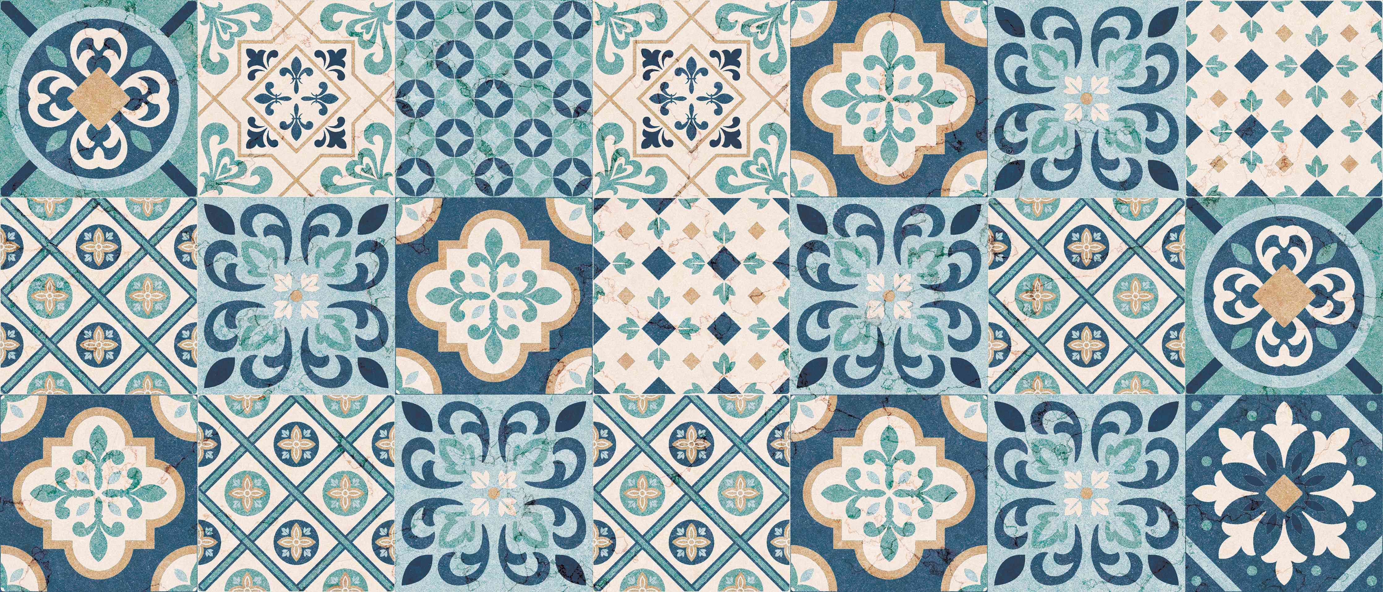 Wandverkleidung Wohnzimmer-Hochwertige Fliesenmuster in Blau und Beige