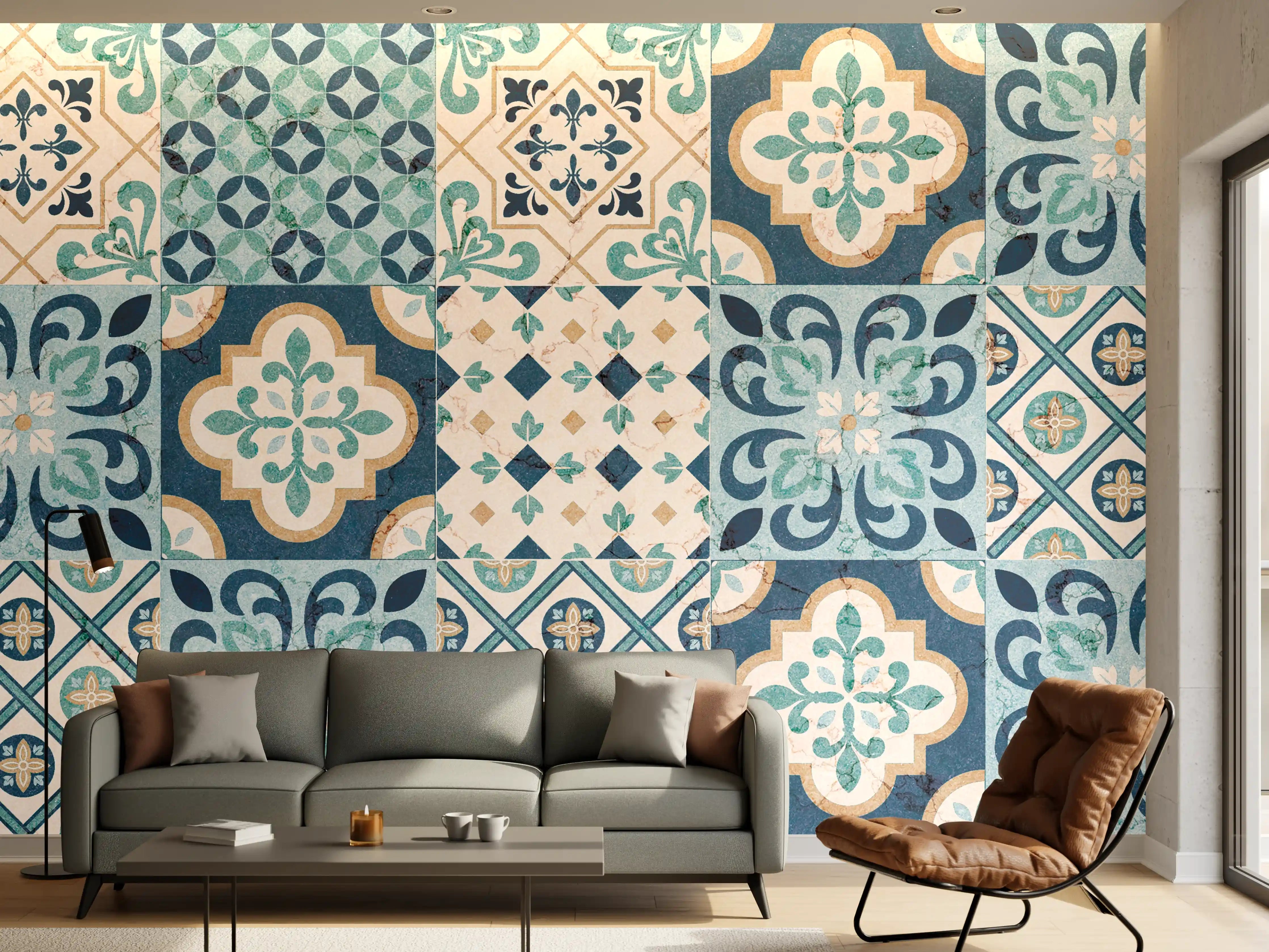 Wandverkleidung Wohnzimmer - Hochwertige Fliesenmuster in Blau und Beige