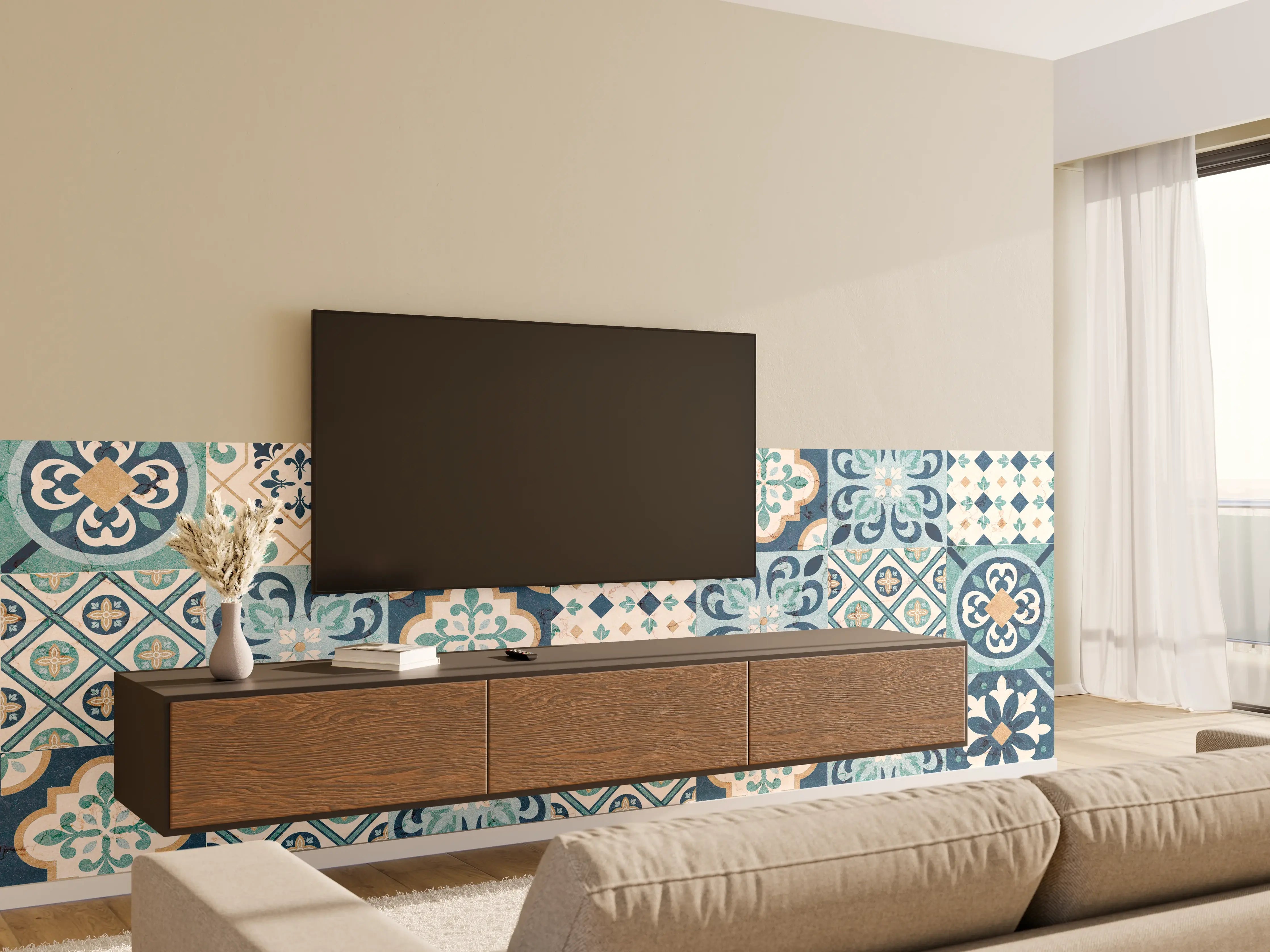 Wandverkleidung Wohnzimmer - Hochwertige Fliesenmuster in Blau und Beige