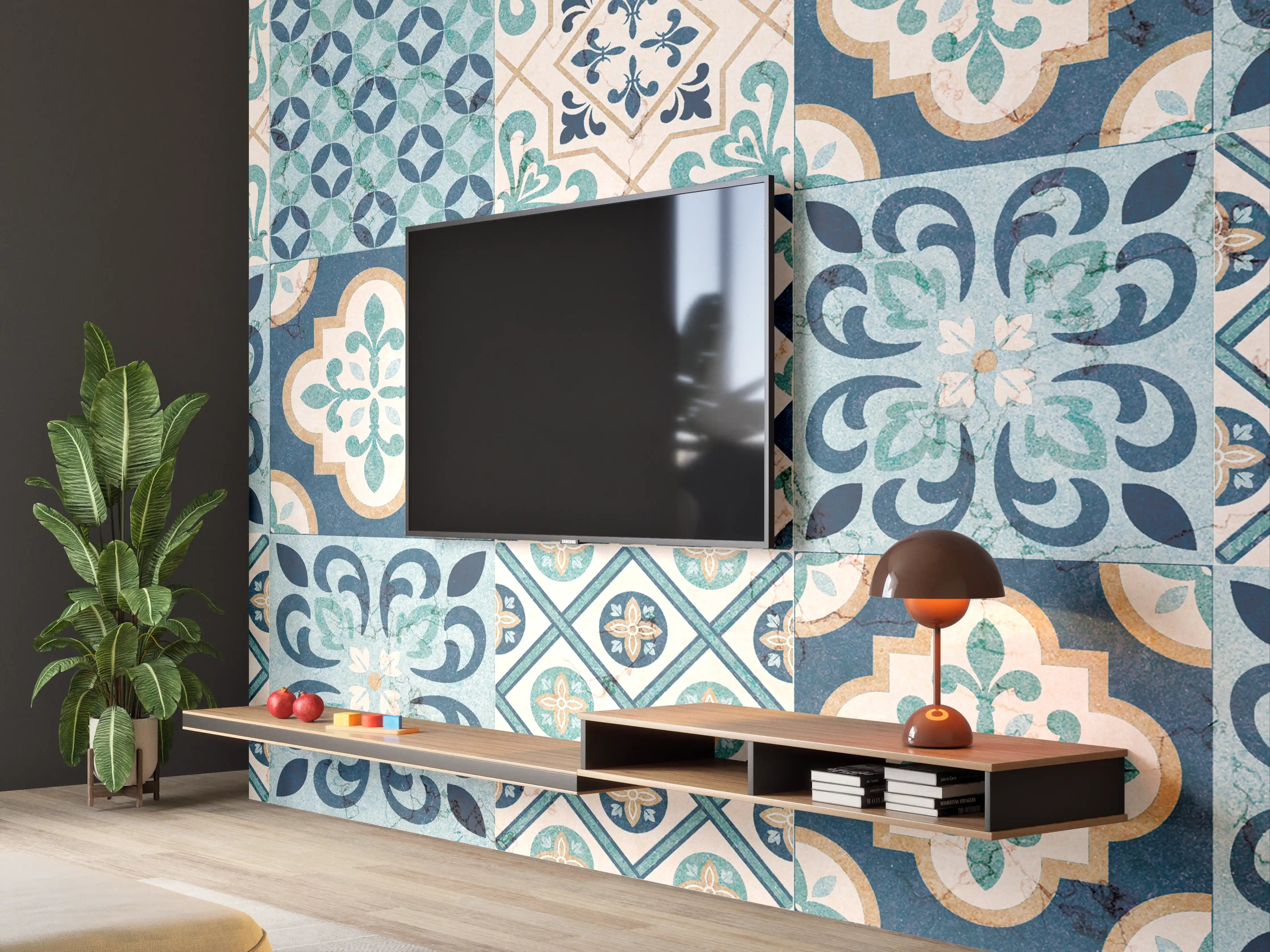 Wandverkleidung Wohnzimmer - Hochwertige Fliesenmuster in Blau und Beige