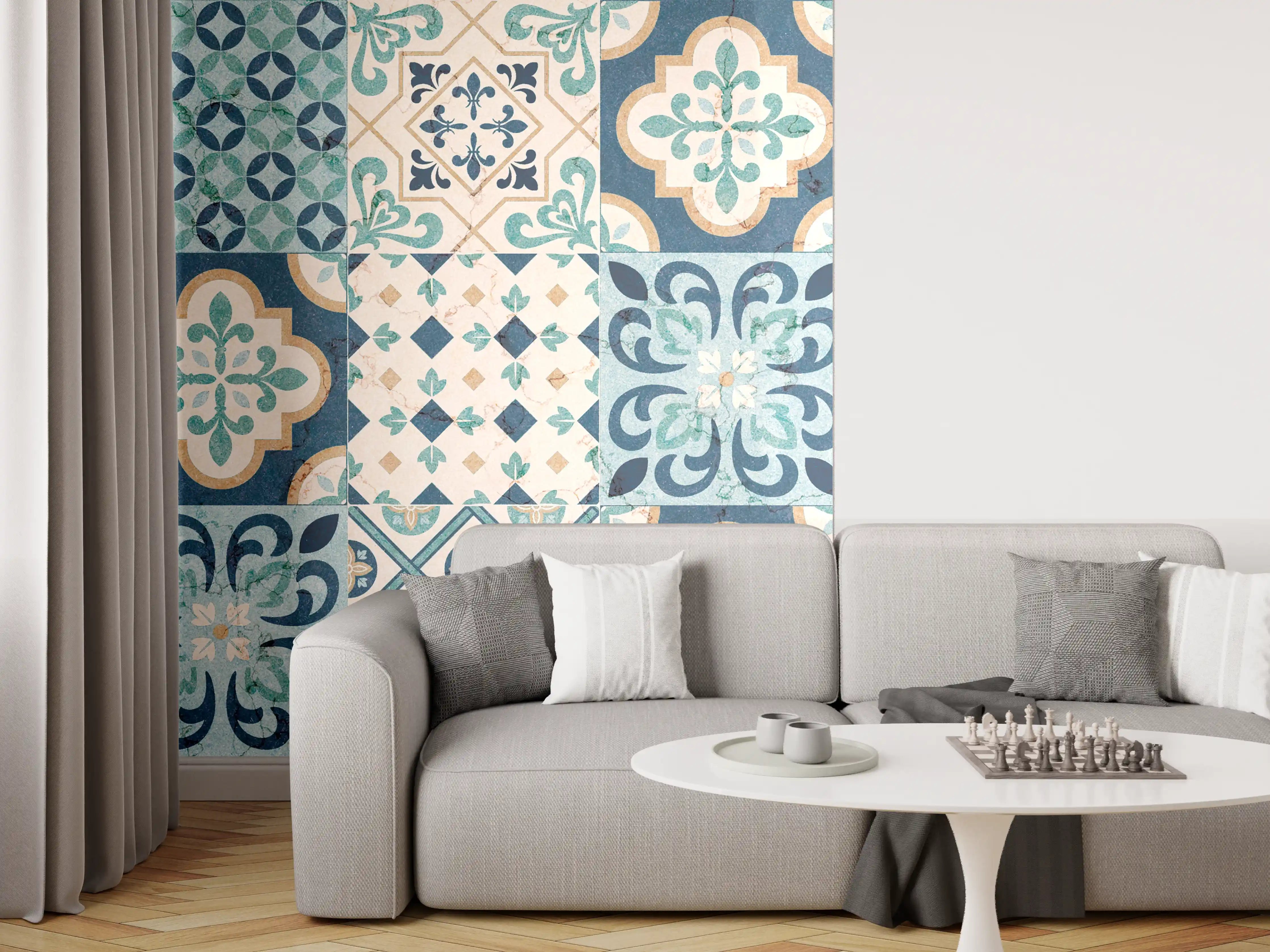 Wandverkleidung Wohnzimmer - Hochwertige Fliesenmuster in Blau und Beige