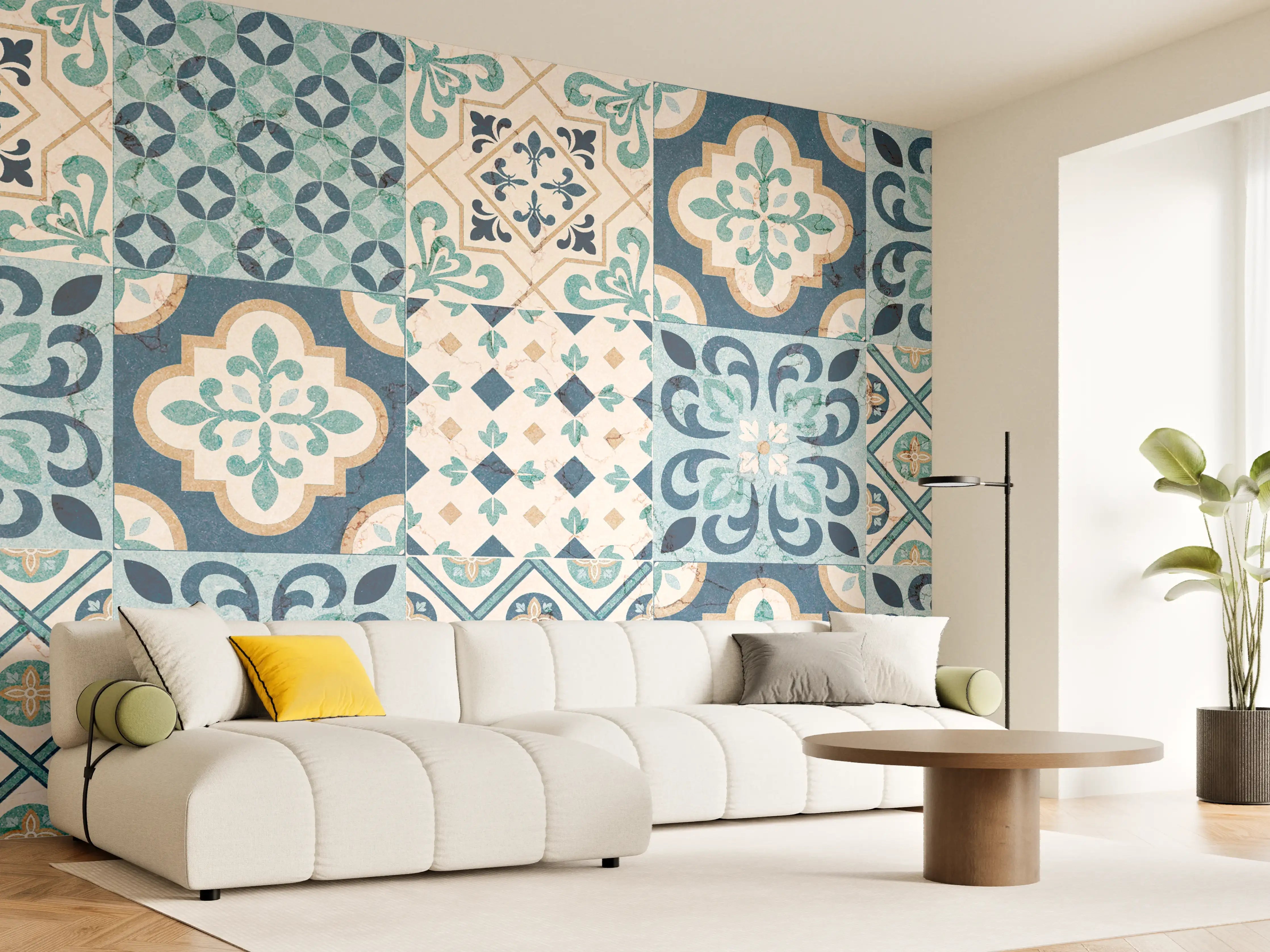 Wandverkleidung Wohnzimmer - Hochwertige Fliesenmuster in Blau und Beige