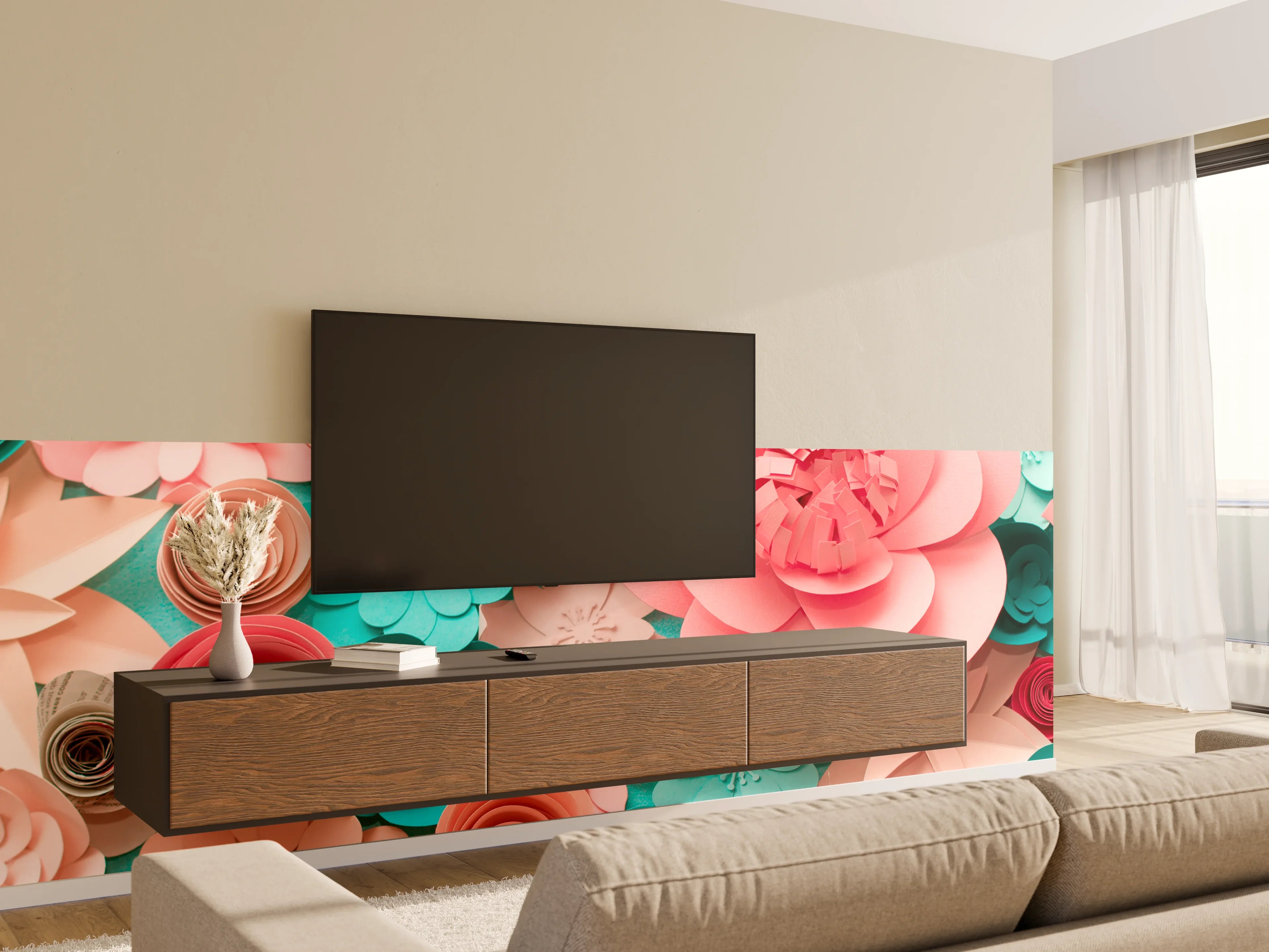 Wandverkleidung Wohnzimmer - Hochwertige Papierblumen-Dekoration in Pastellfarben