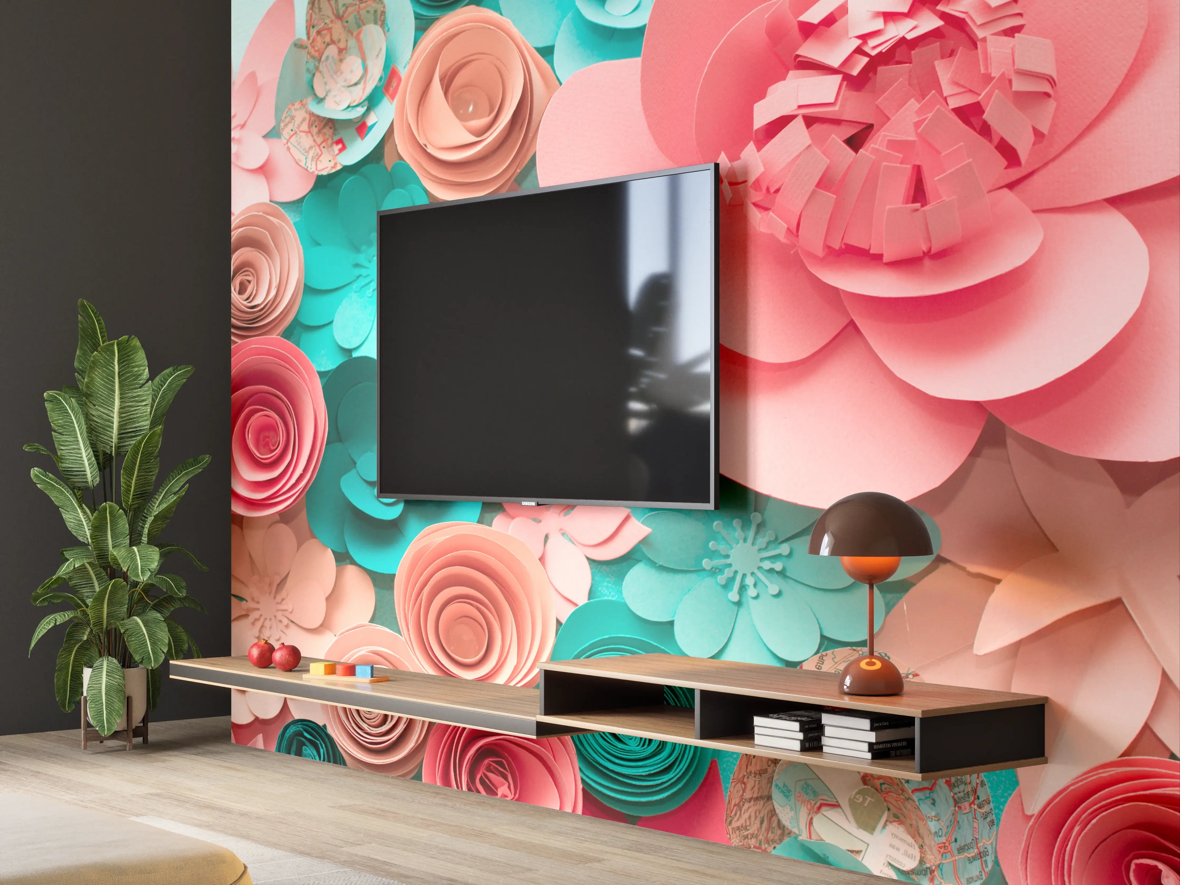 Wandverkleidung Wohnzimmer - Hochwertige Papierblumen-Dekoration in Pastellfarben