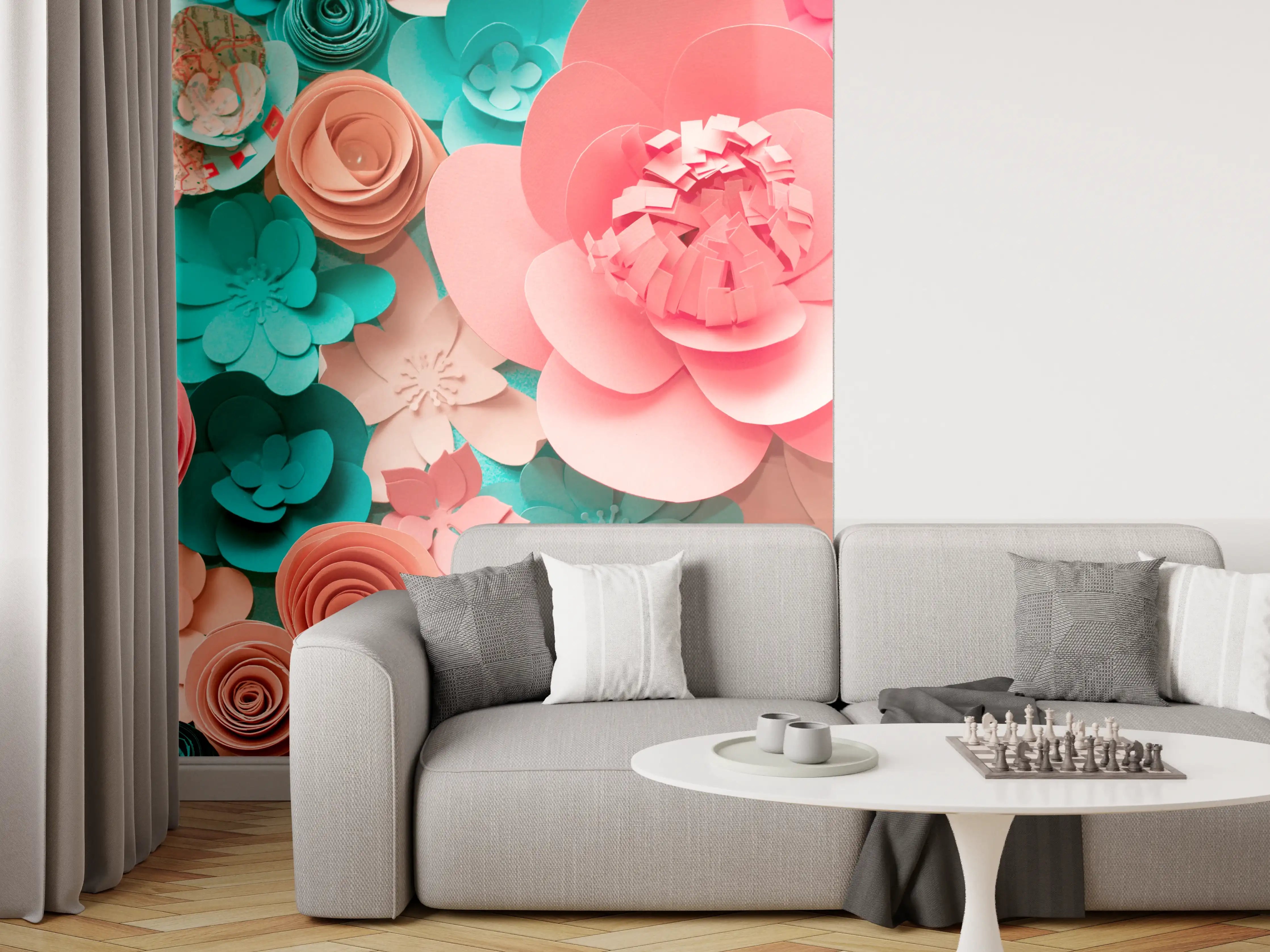 Wandverkleidung Wohnzimmer - Hochwertige Papierblumen-Dekoration in Pastellfarben