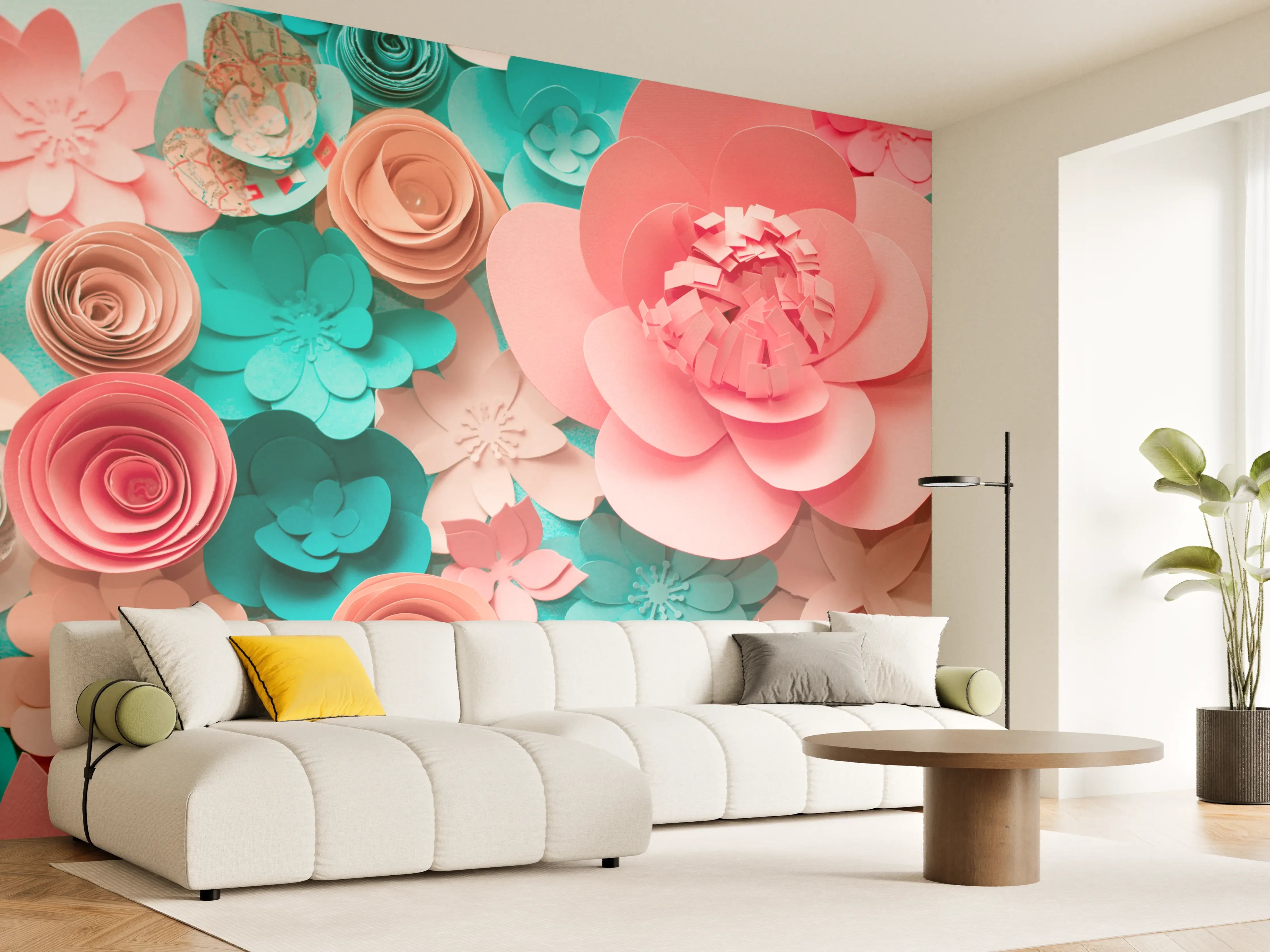Wandverkleidung Wohnzimmer - Hochwertige Papierblumen-Dekoration in Pastellfarben
