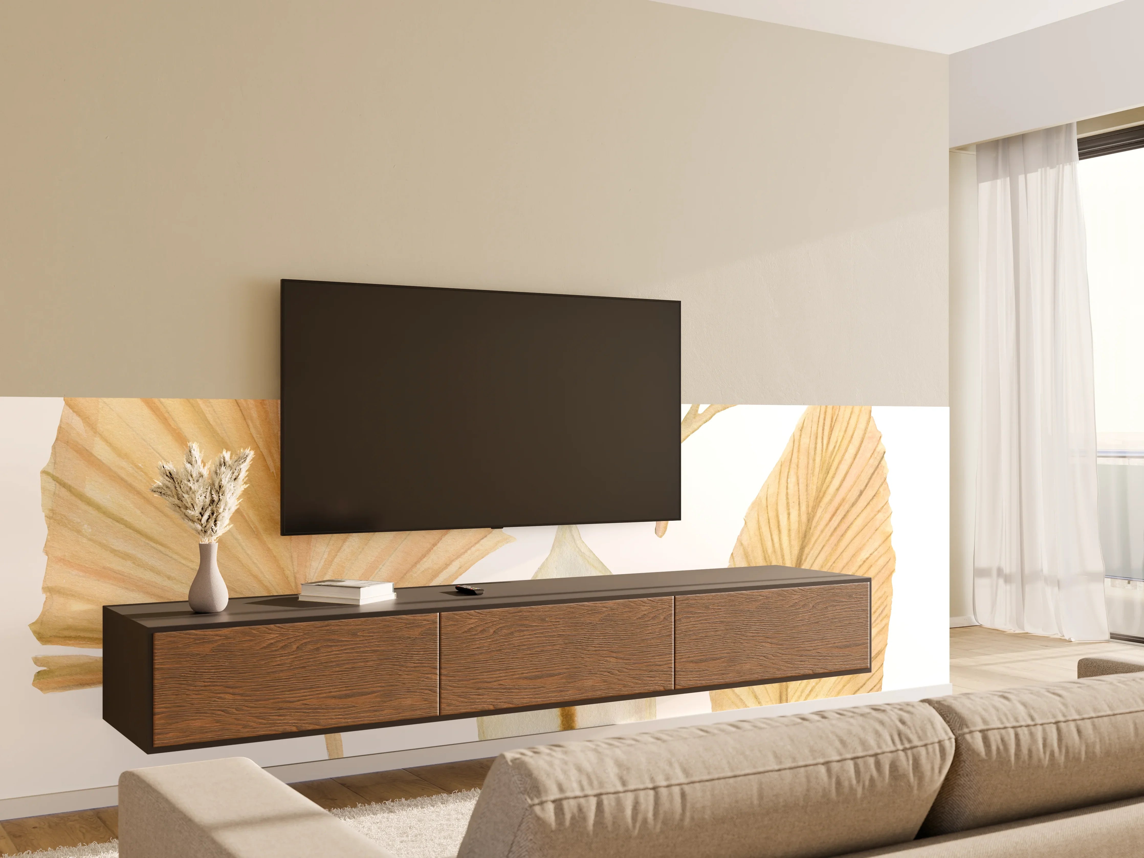 Wandverkleidung Wohnzimmer - Hochwertige Wanddeko: Naturmotive aus Palmblättern und Koralle