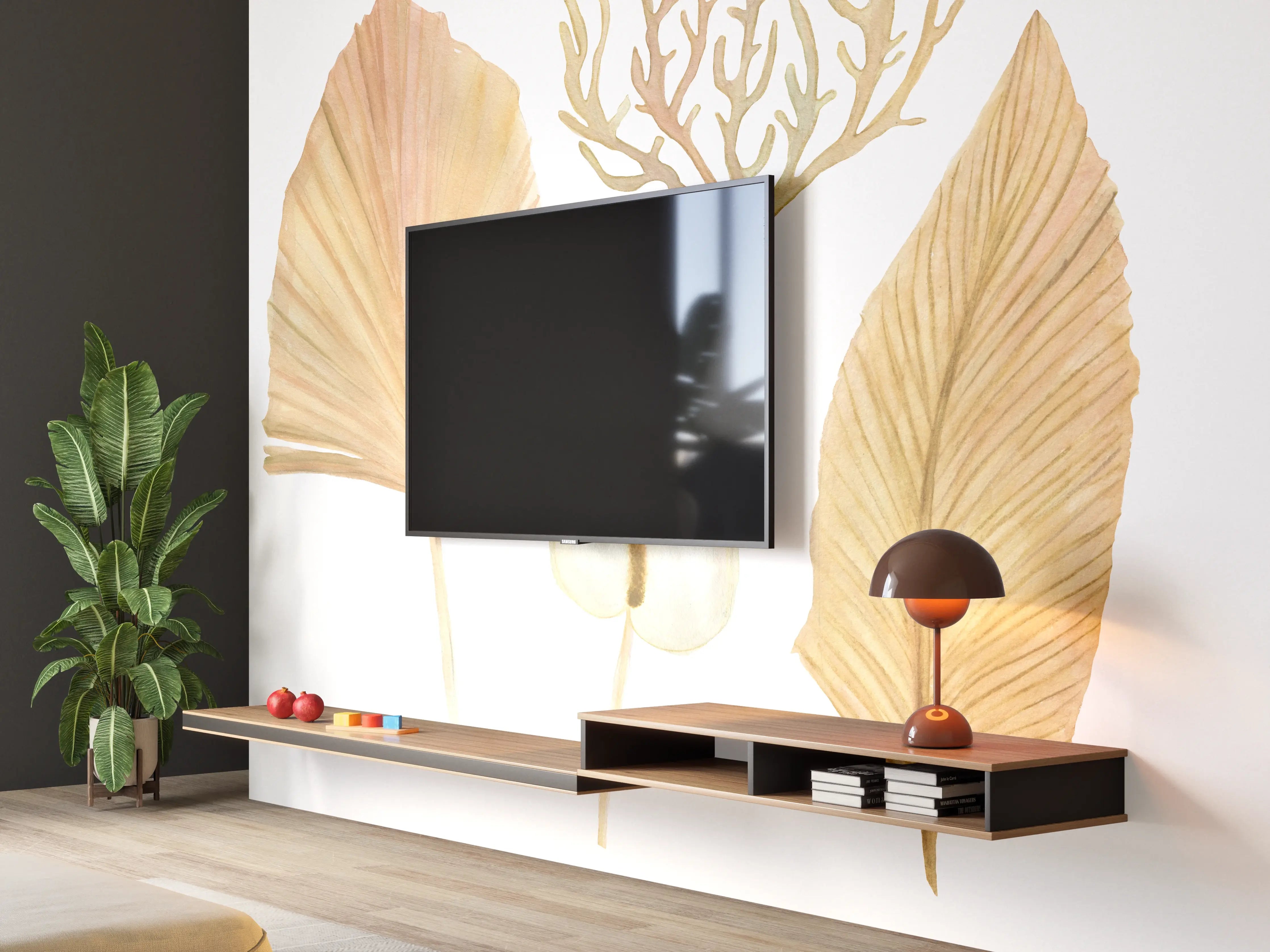 Wandverkleidung Wohnzimmer - Hochwertige Wanddeko: Naturmotive aus Palmblättern und Koralle