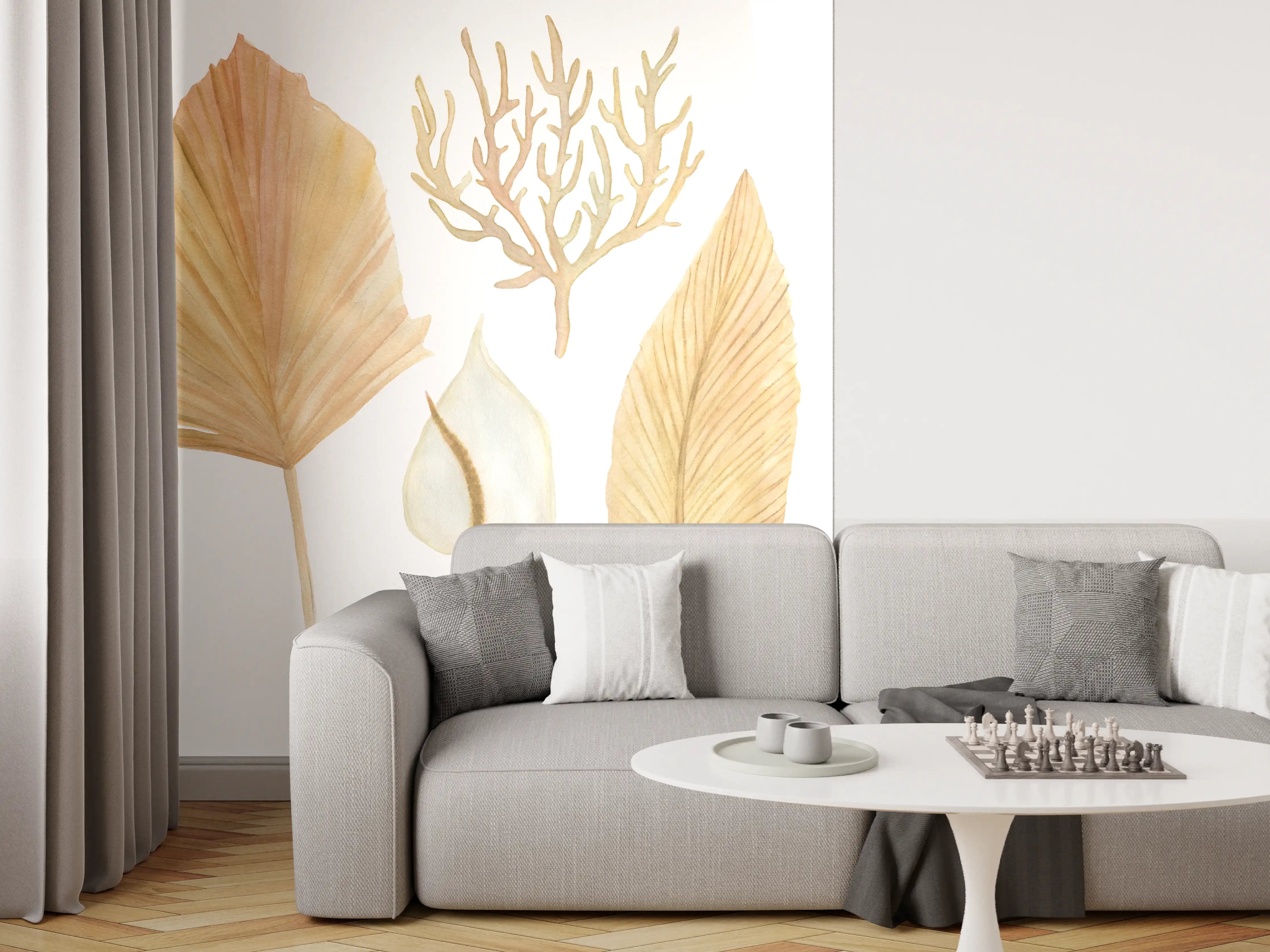 Wandverkleidung Wohnzimmer - Hochwertige Wanddeko: Naturmotive aus Palmblättern und Koralle