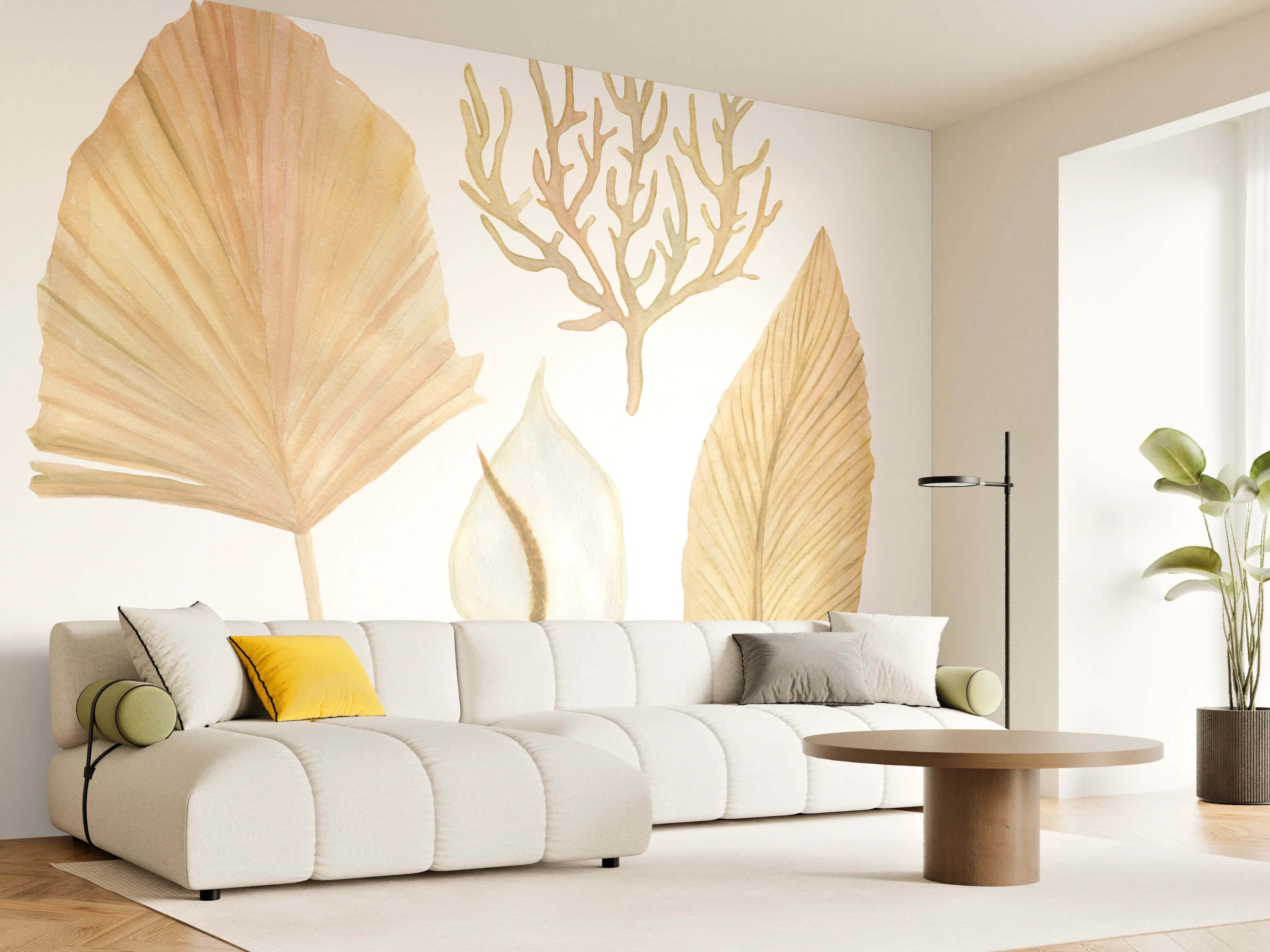Wandverkleidung Wohnzimmer - Hochwertige Wanddeko: Naturmotive aus Palmblättern und Koralle