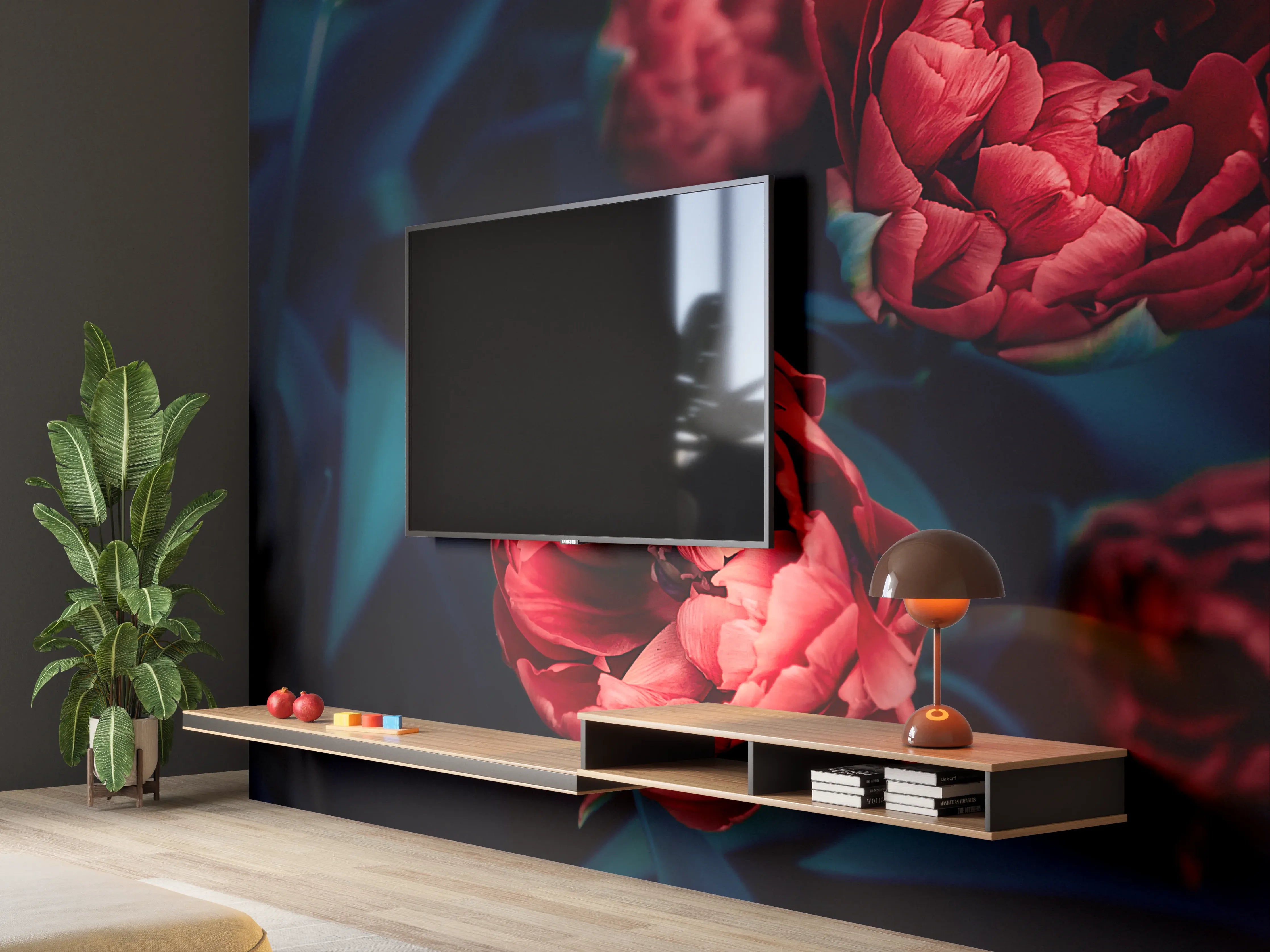 Wandverkleidung Wohnzimmer - Hochwertige rote Blumen im dunklen Hintergrund