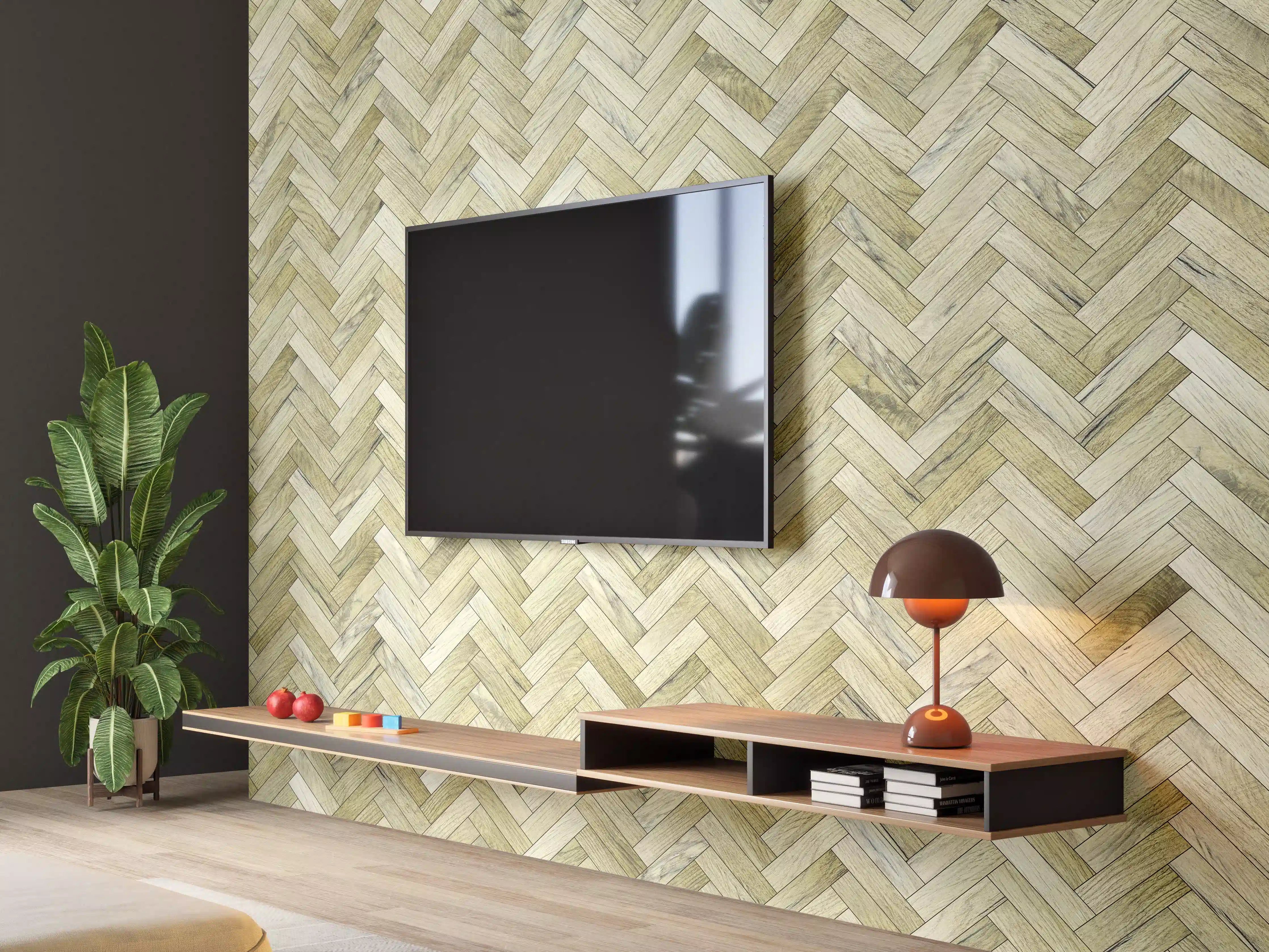 Wandverkleidung Wohnzimmer - Hochwertiger Holzboden im Herringbone-Muster
