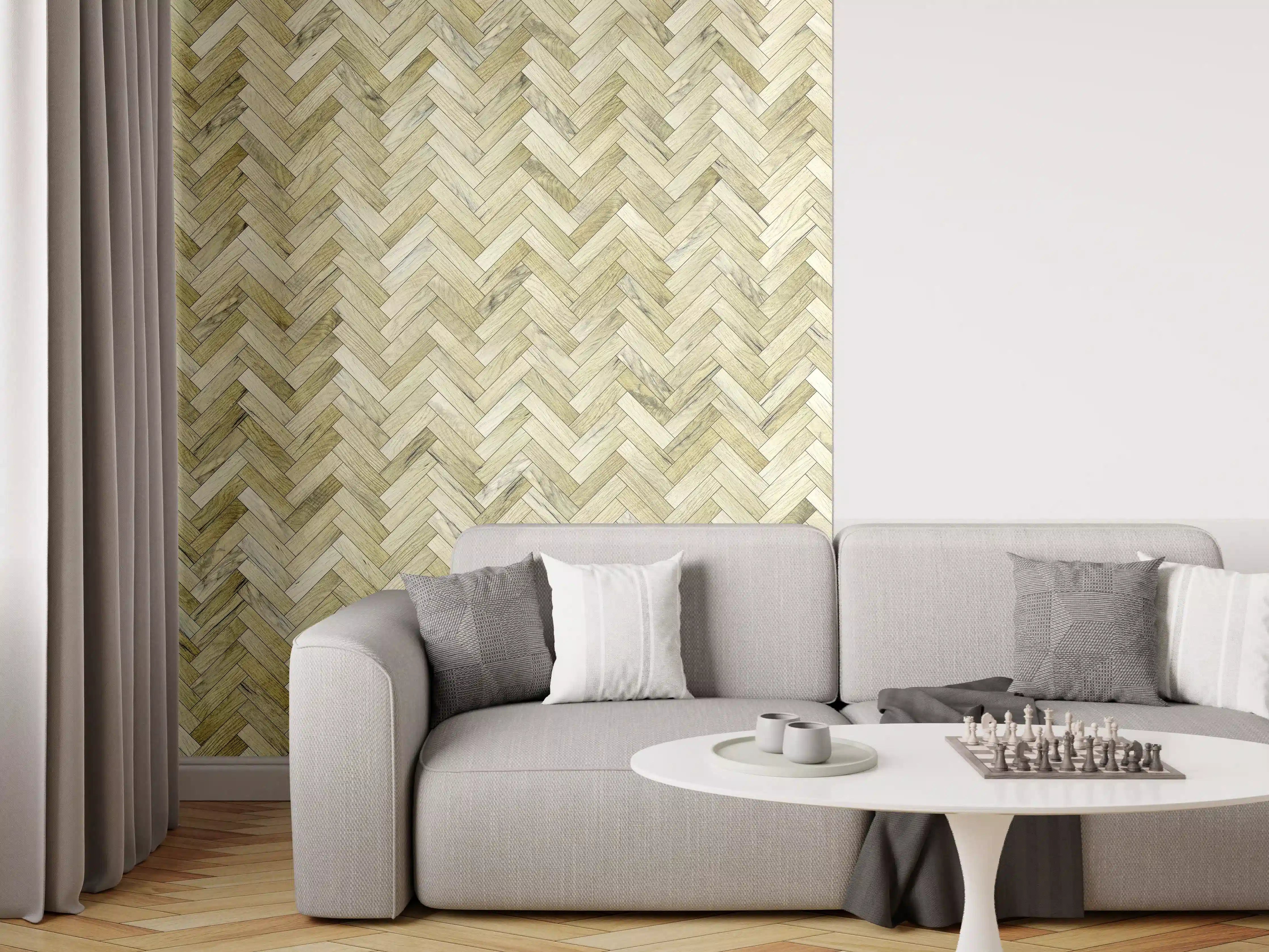 Wandverkleidung Wohnzimmer - Hochwertiger Holzboden im Herringbone-Muster